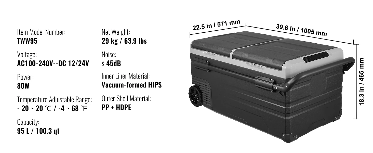 SucceBuy Car Refrigerator 95 L Dual Zone Portable -4℉-68℉ 12/24V DC and 100-240V AC Compressor Cooler for Outdoor Camping