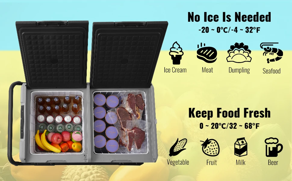 SucceBuy Car Refrigerator 95 L Dual Zone Portable -4℉-68℉ 12/24V DC and 100-240V AC Compressor Cooler for Outdoor Camping