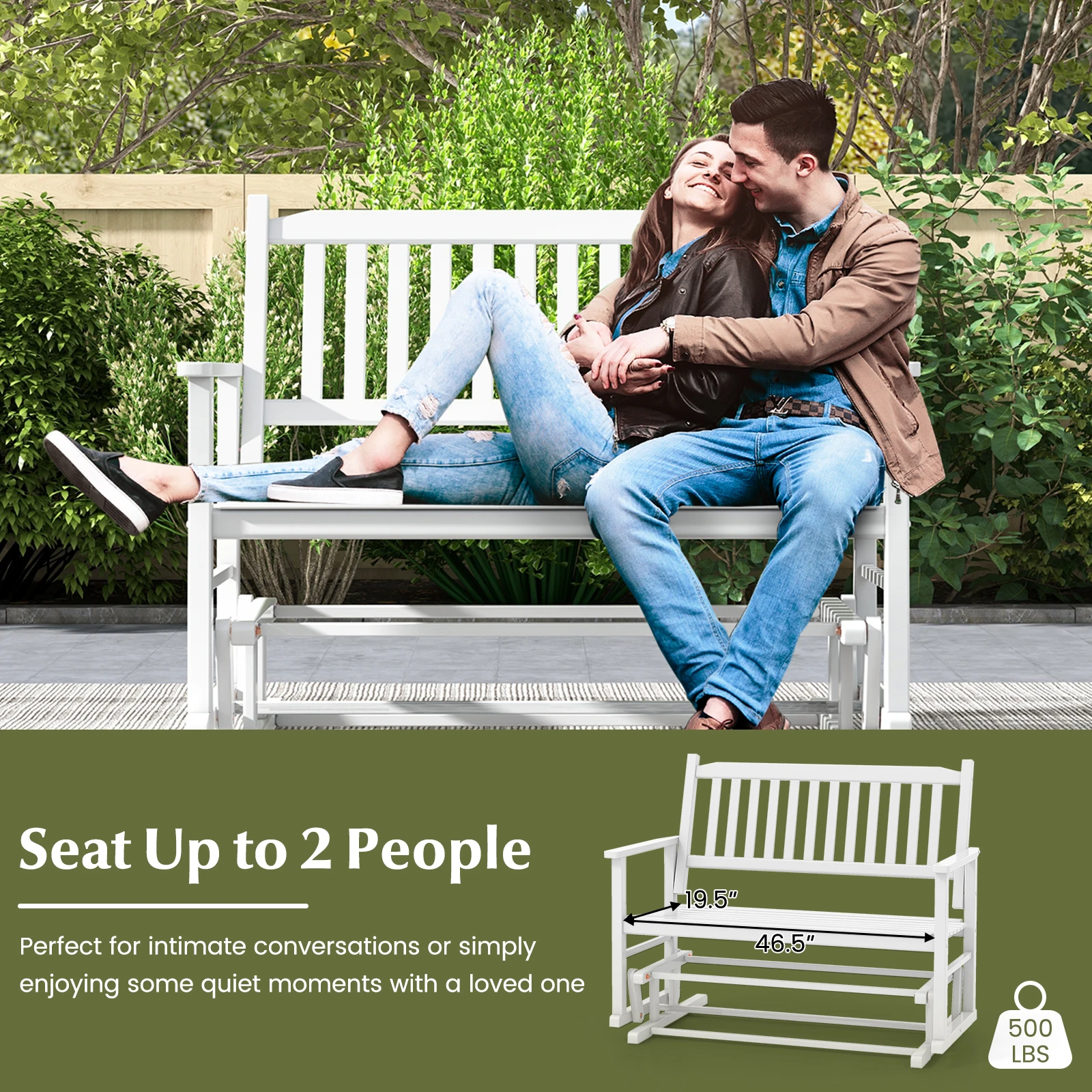 Patio Glider Loveseat Chair, 2-Person Porch Glider Swing Rocking Bench w/ Solid Wood Frame, Slatted Seat & Curved Backrest