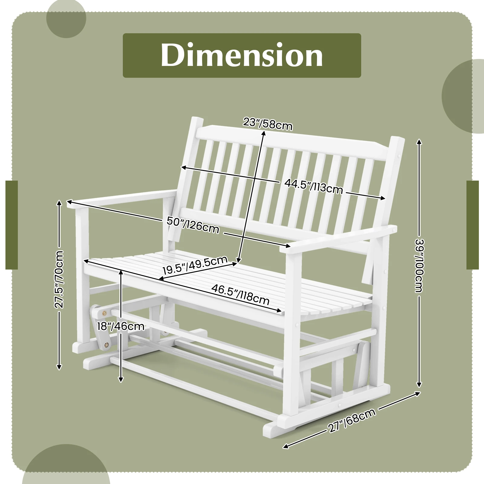 Patio Glider Loveseat Chair, 2-Person Porch Glider Swing Rocking Bench w/ Solid Wood Frame, Slatted Seat & Curved Backrest