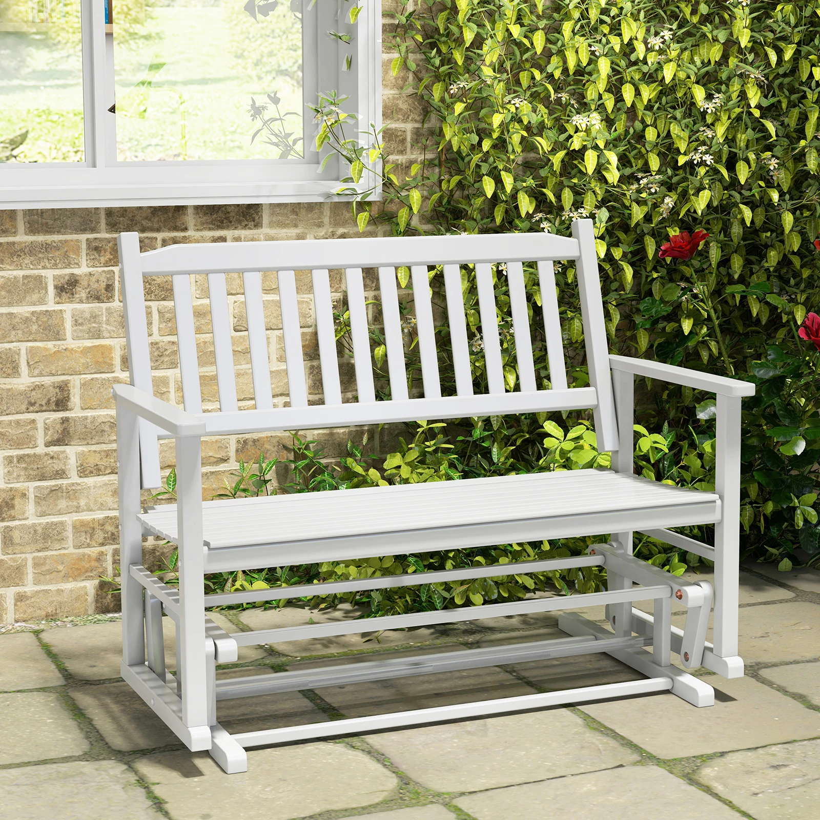 Patio Glider Loveseat Chair, 2-Person Porch Glider Swing Rocking Bench w/ Solid Wood Frame, Slatted Seat & Curved Backrest