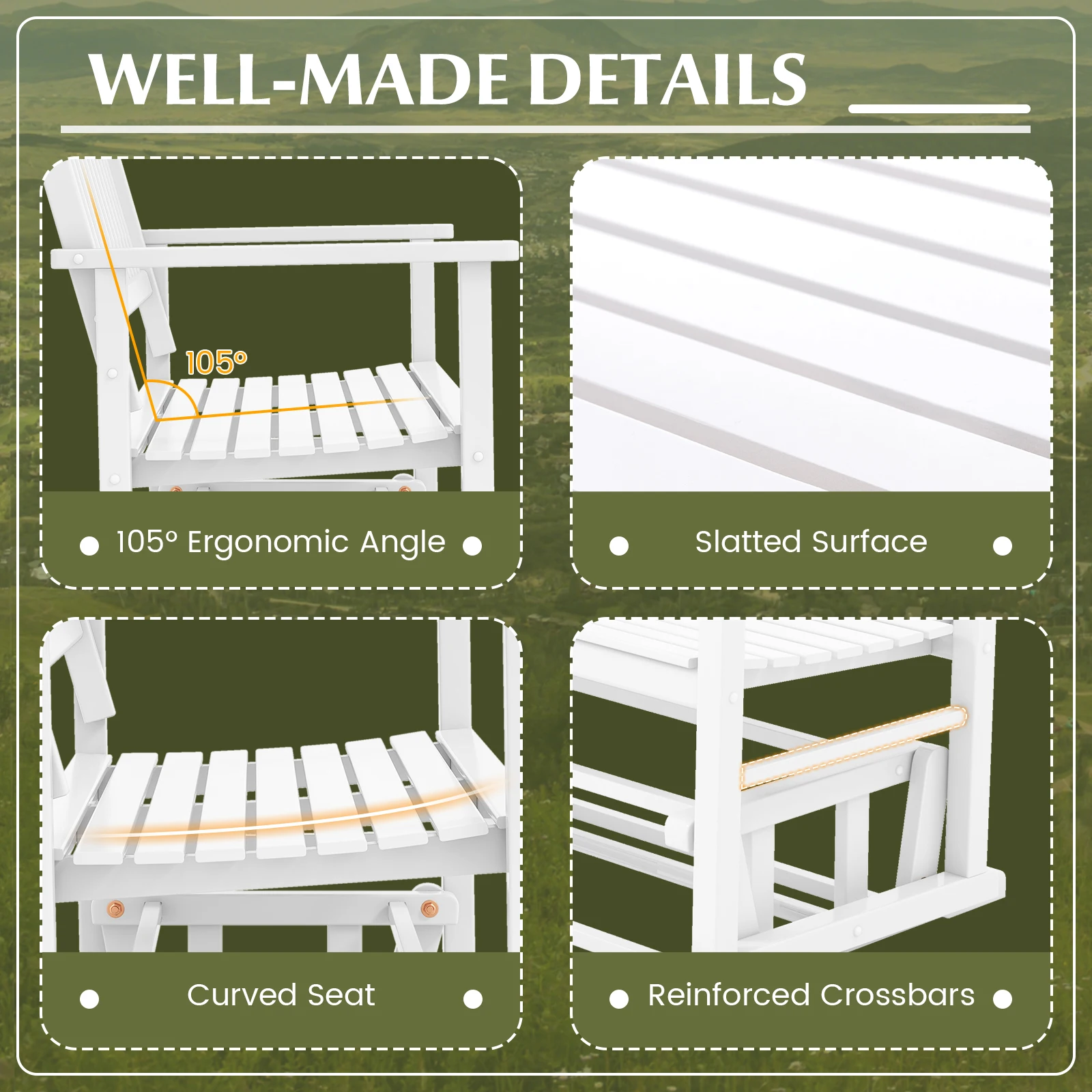 Patio Glider Loveseat Chair, 2-Person Porch Glider Swing Rocking Bench w/ Solid Wood Frame, Slatted Seat & Curved Backrest
