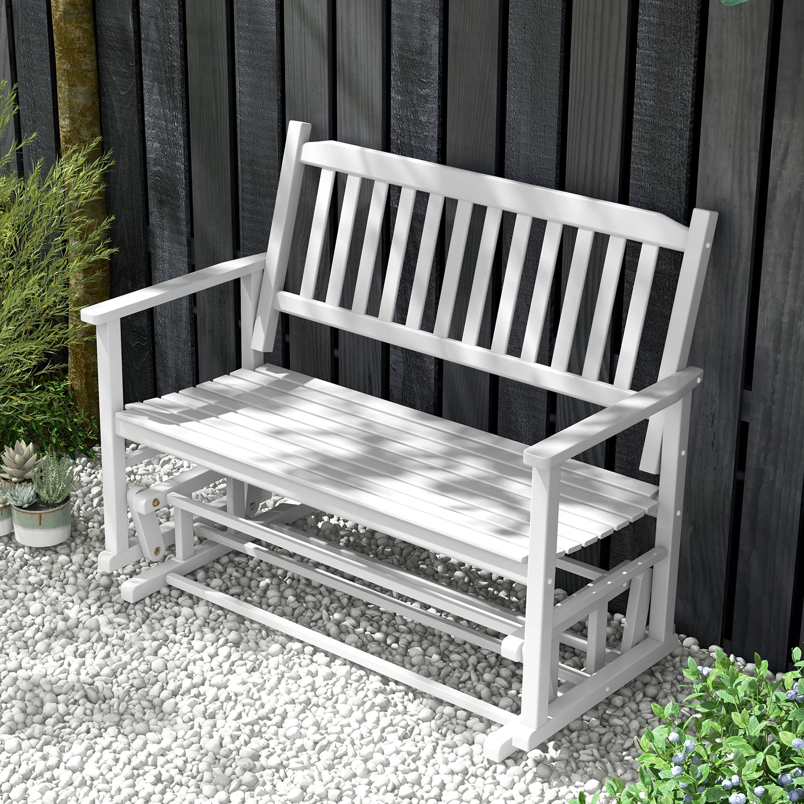 Patio Glider Loveseat Chair, 2-Person Porch Glider Swing Rocking Bench w/ Solid Wood Frame, Slatted Seat & Curved Backrest