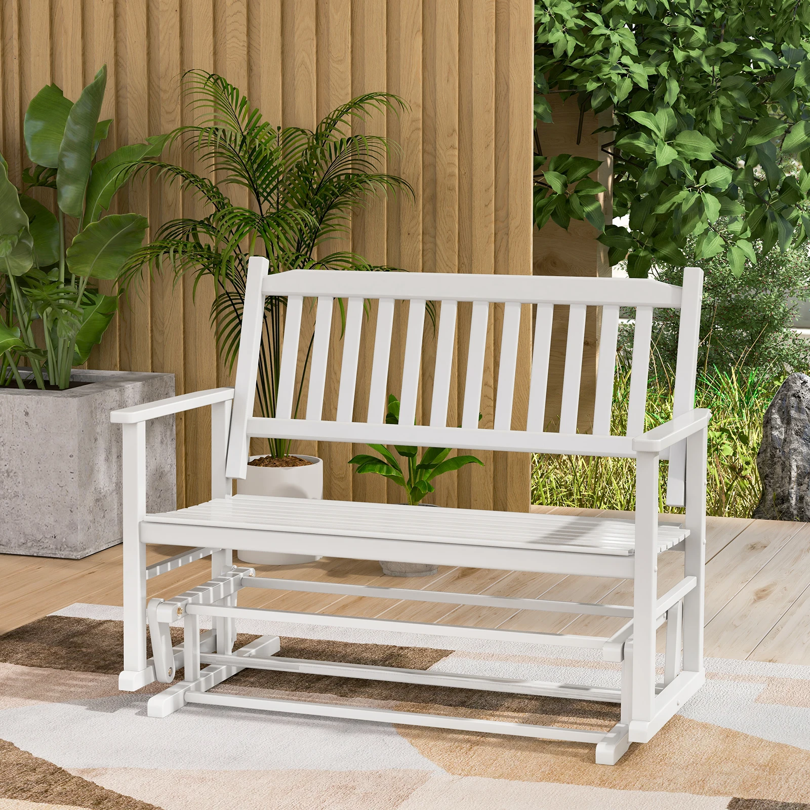 Patio Glider Loveseat Chair, 2-Person Porch Glider Swing Rocking Bench w/ Solid Wood Frame, Slatted Seat & Curved Backrest