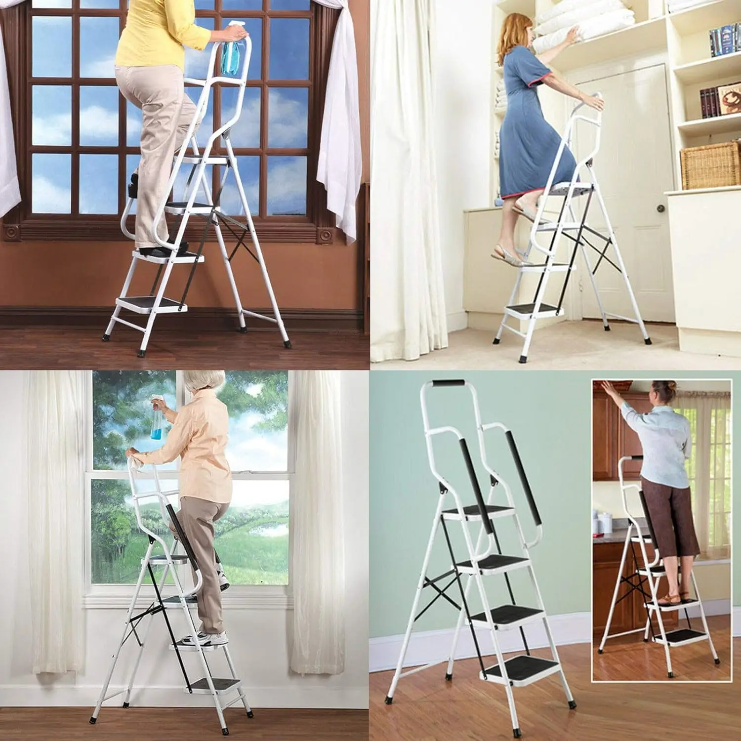 3 Step Ladder with Folding Safety Ramp - Non Slip Heavy Duty 150kg Load Capacity - Adult Steel Step Stool for Home Kitchen