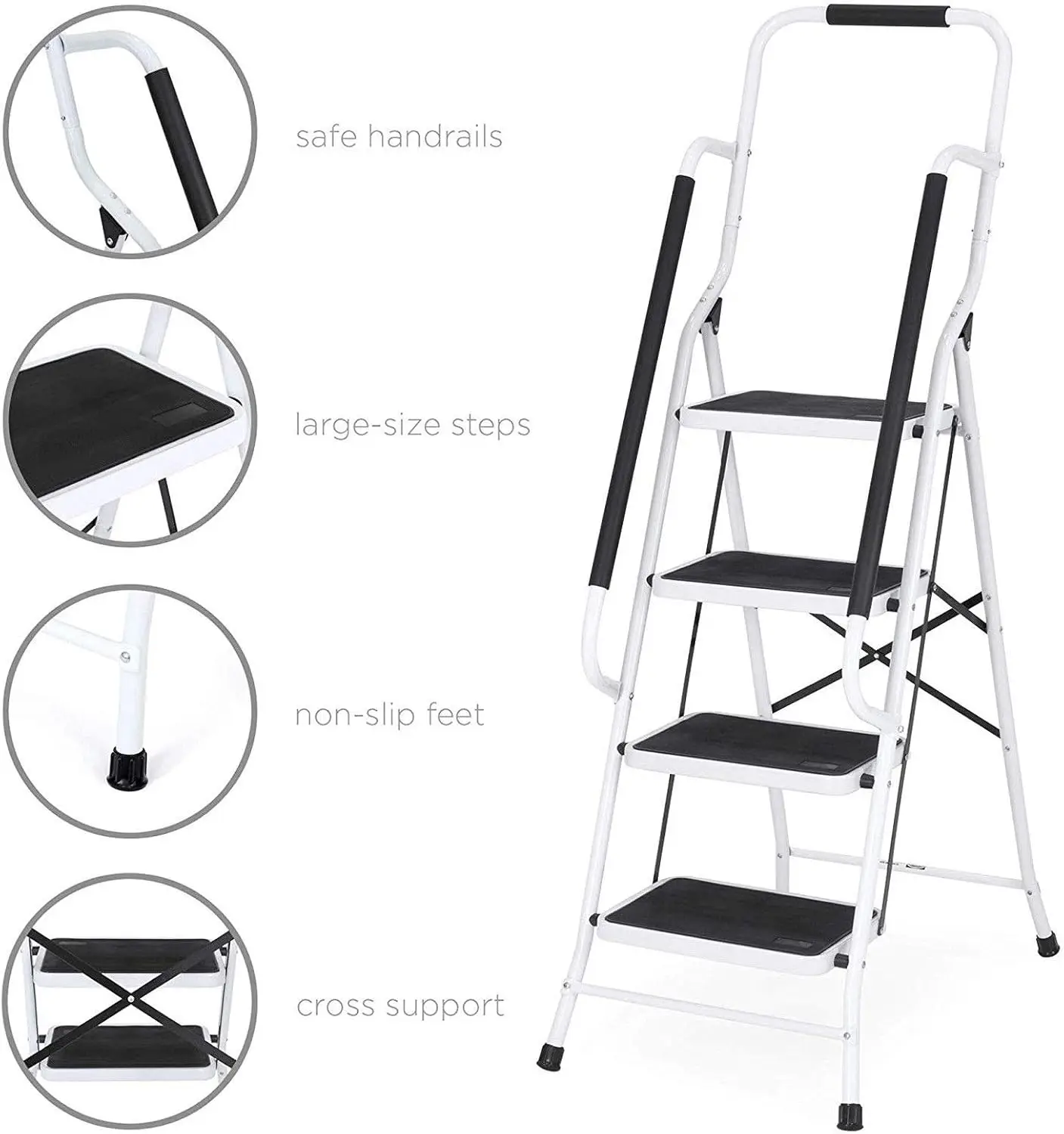 3 Step Ladder with Folding Safety Ramp - Non Slip Heavy Duty 150kg Load Capacity - Adult Steel Step Stool for Home Kitchen