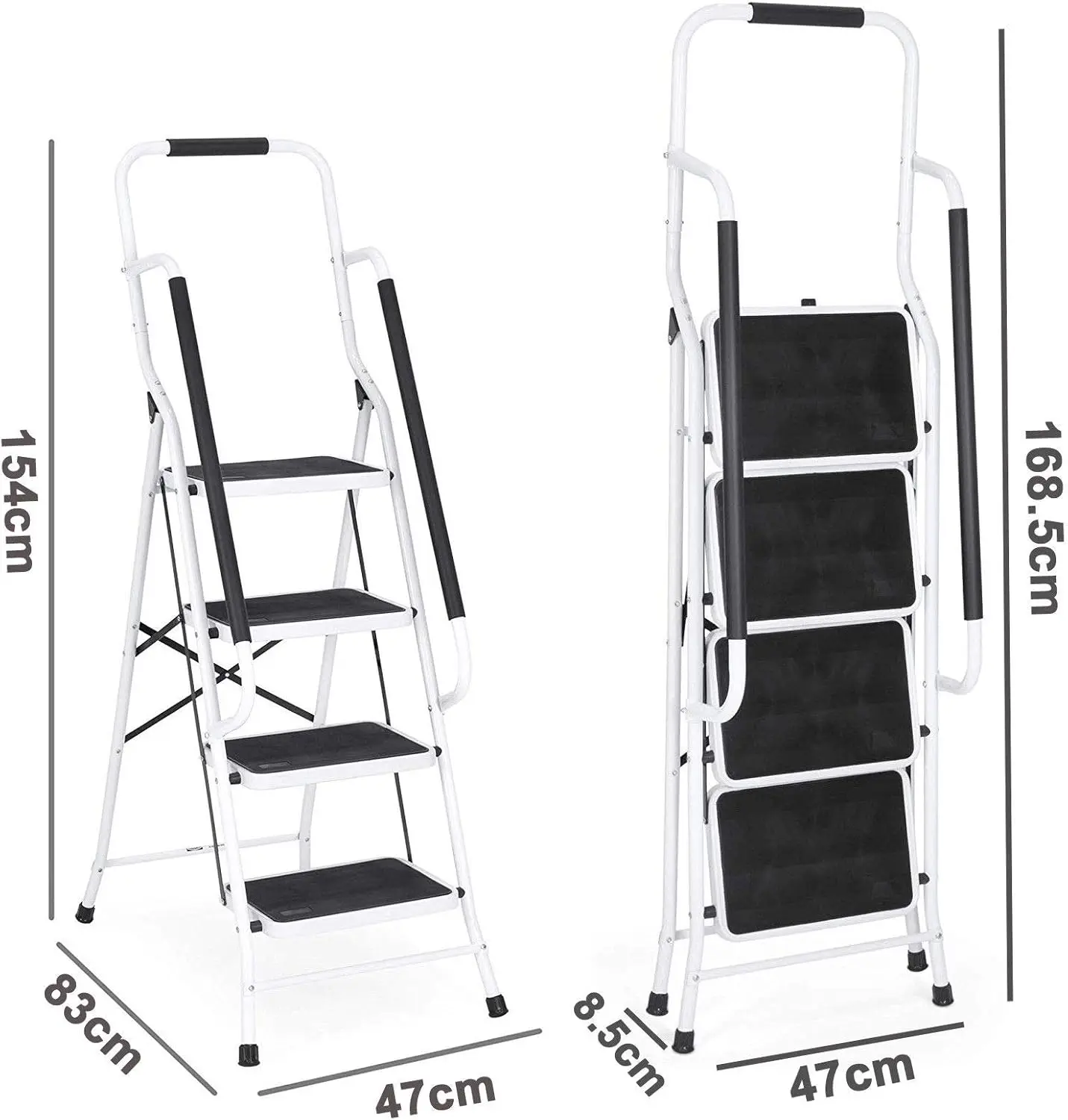 3 Step Ladder with Folding Safety Ramp - Non Slip Heavy Duty 150kg Load Capacity - Adult Steel Step Stool for Home Kitchen