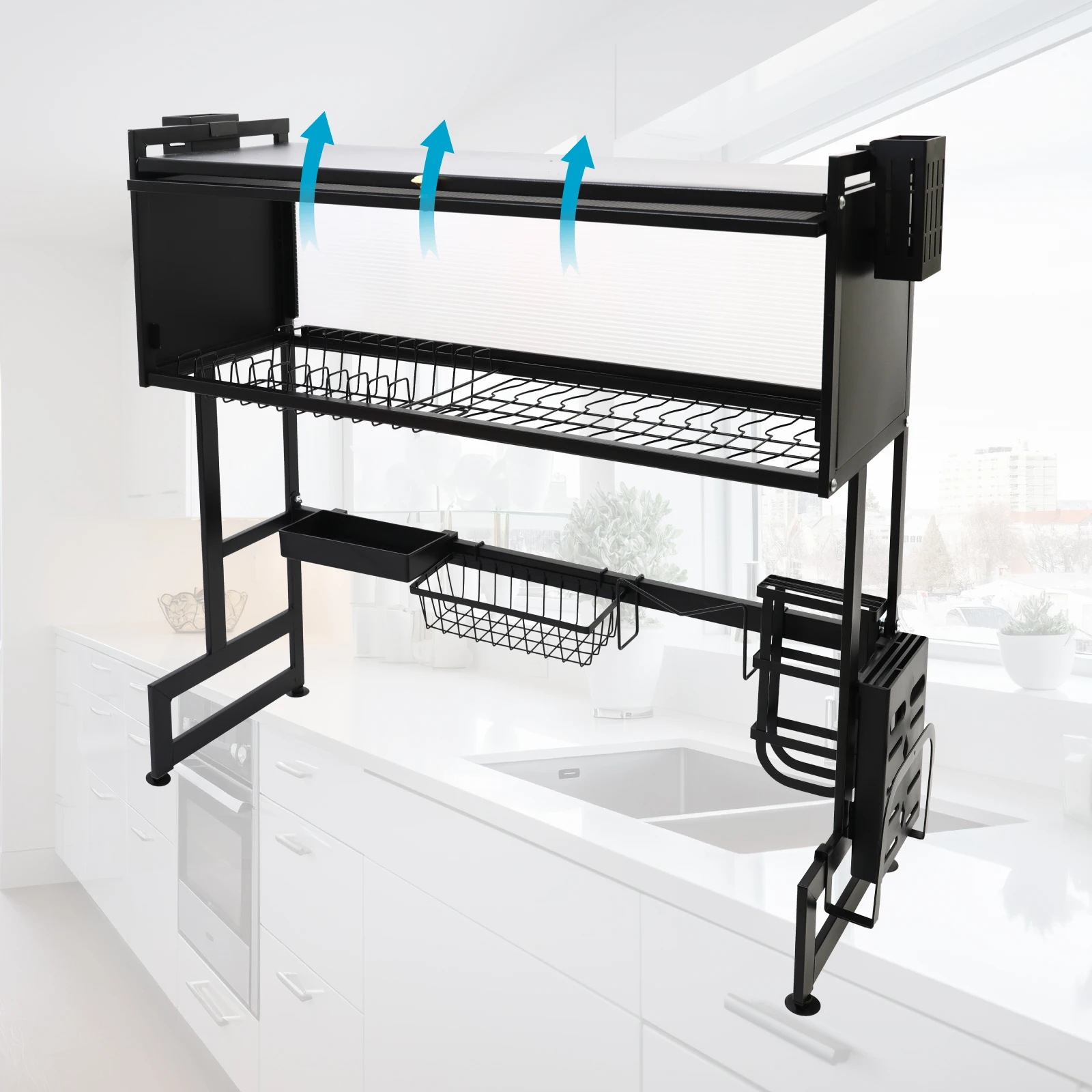 Kitchen Sink Shelf Rack Household Dishes Drain Rack Black Length 85cm Luxury Set 2 Tier Storage Box