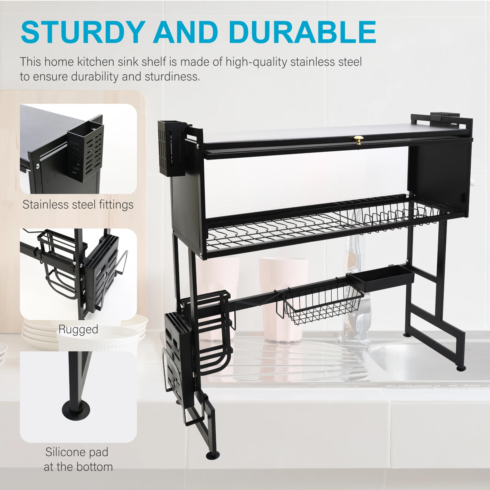 Kitchen Sink Shelf Rack Household Dishes Drain Rack Black Length 85cm Luxury Set 2 Tier Storage Box