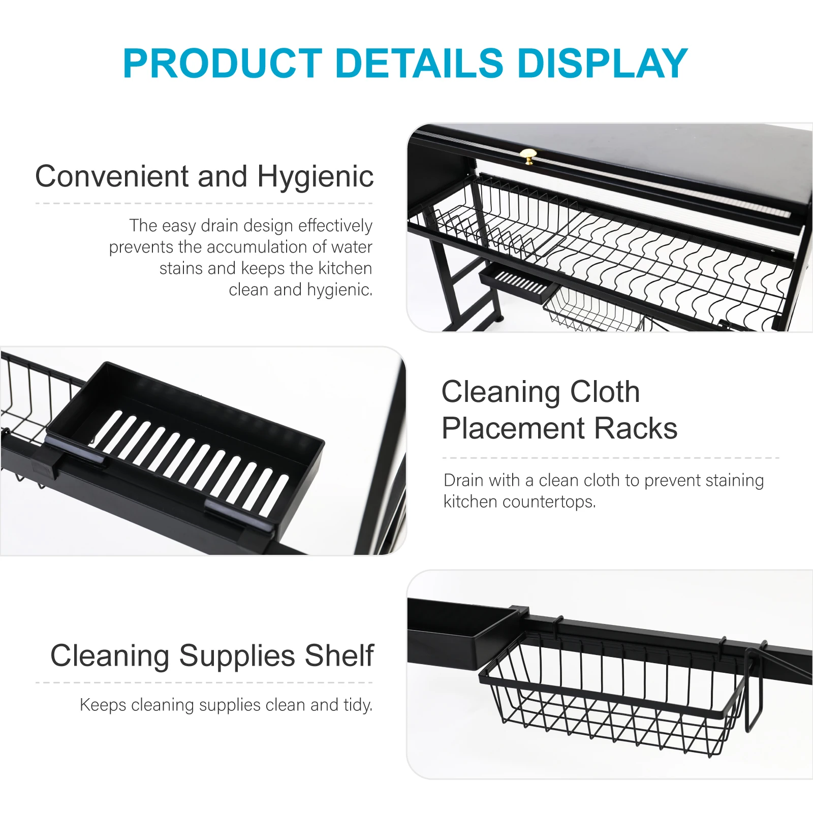 Kitchen Sink Shelf Rack Household Dishes Drain Rack Black Length 85cm Luxury Set 2 Tier Storage Box