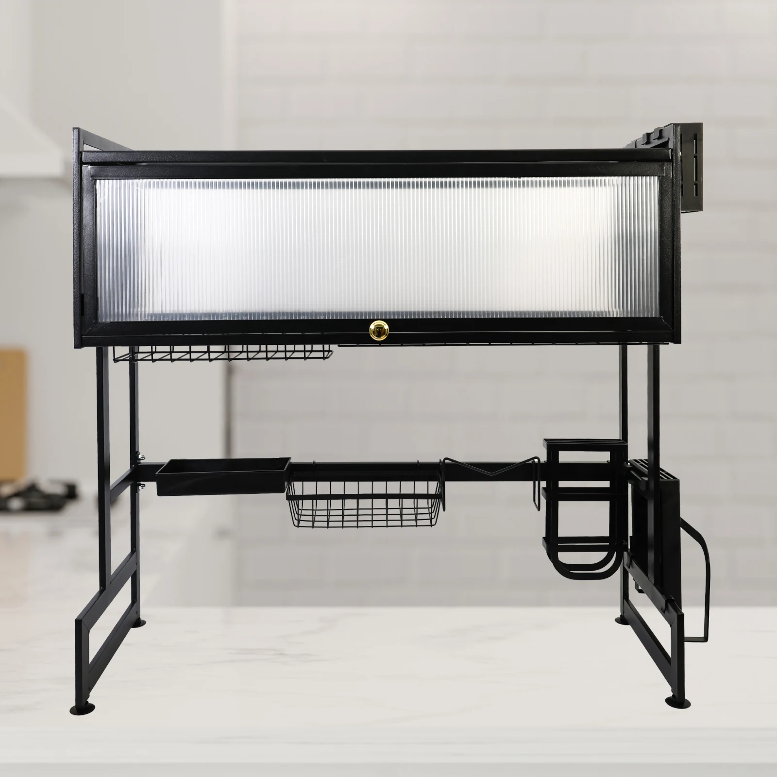 Kitchen Sink Shelf Rack Household Dishes Drain Rack Black Length 85cm Luxury Set 2 Tier Storage Box