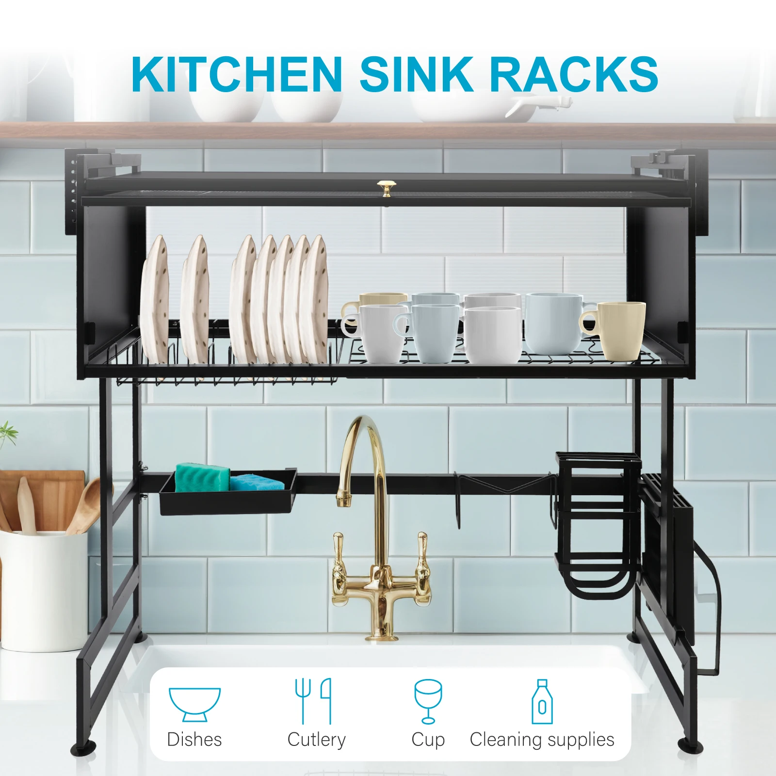 Kitchen Sink Shelf Rack Household Dishes Drain Rack Black Length 85cm Luxury Set 2 Tier Storage Box