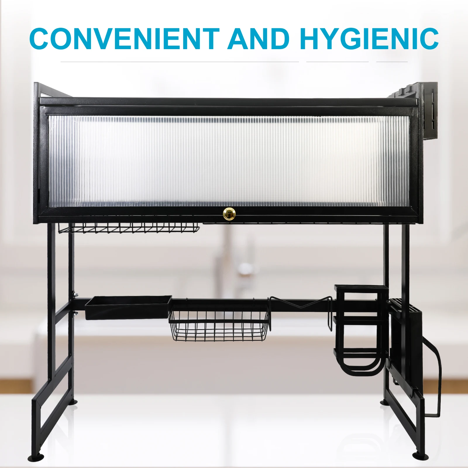 Kitchen Sink Shelf Rack Household Dishes Drain Rack Black Length 85cm Luxury Set 2 Tier Storage Box