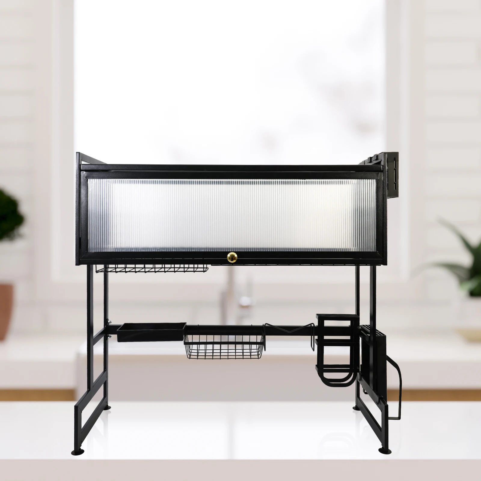 Kitchen Sink Shelf Rack Household Dishes Drain Rack Black Length 85cm Luxury Set 2 Tier Storage Box