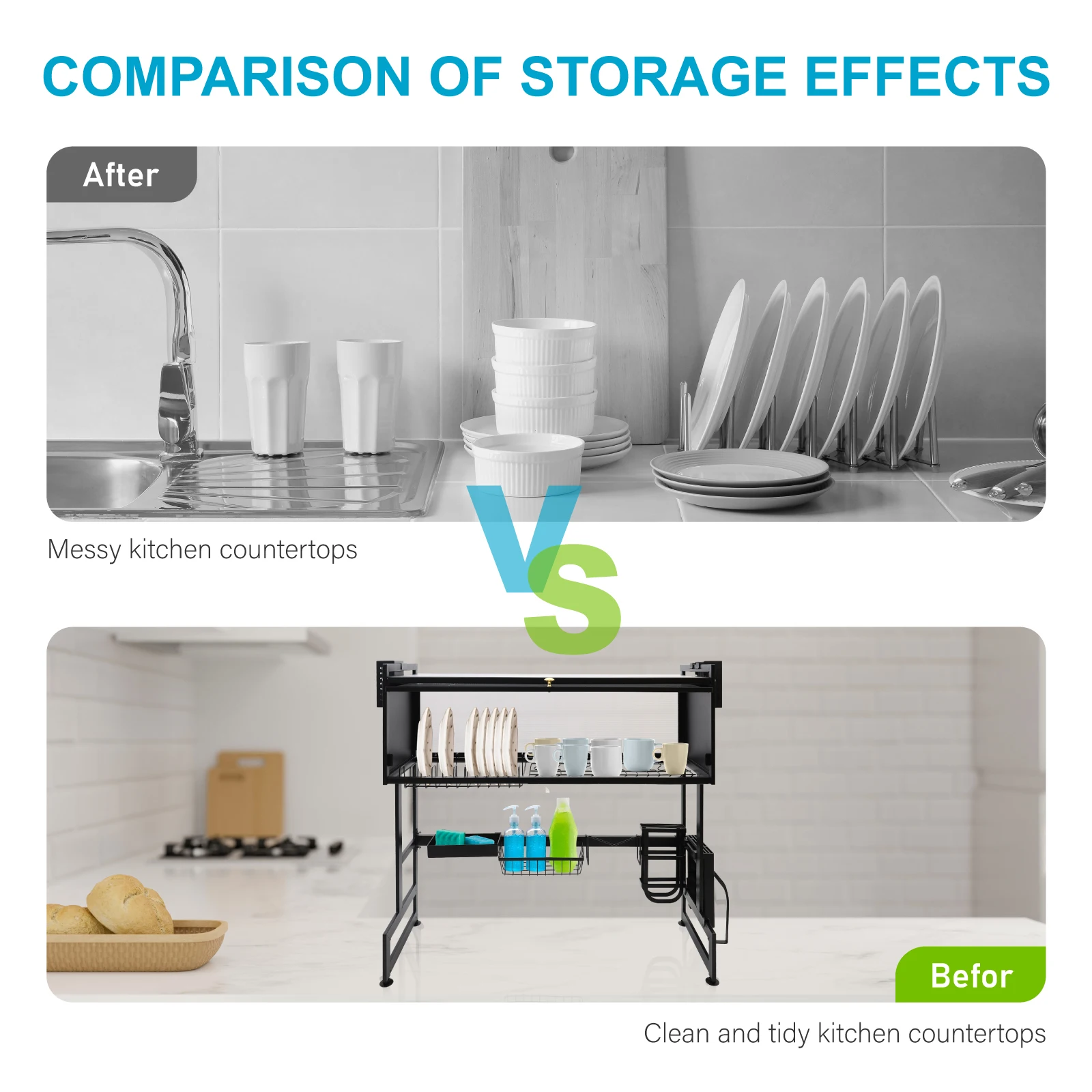 Kitchen Sink Shelf Rack Household Dishes Drain Rack Black Length 85cm Luxury Set 2 Tier Storage Box