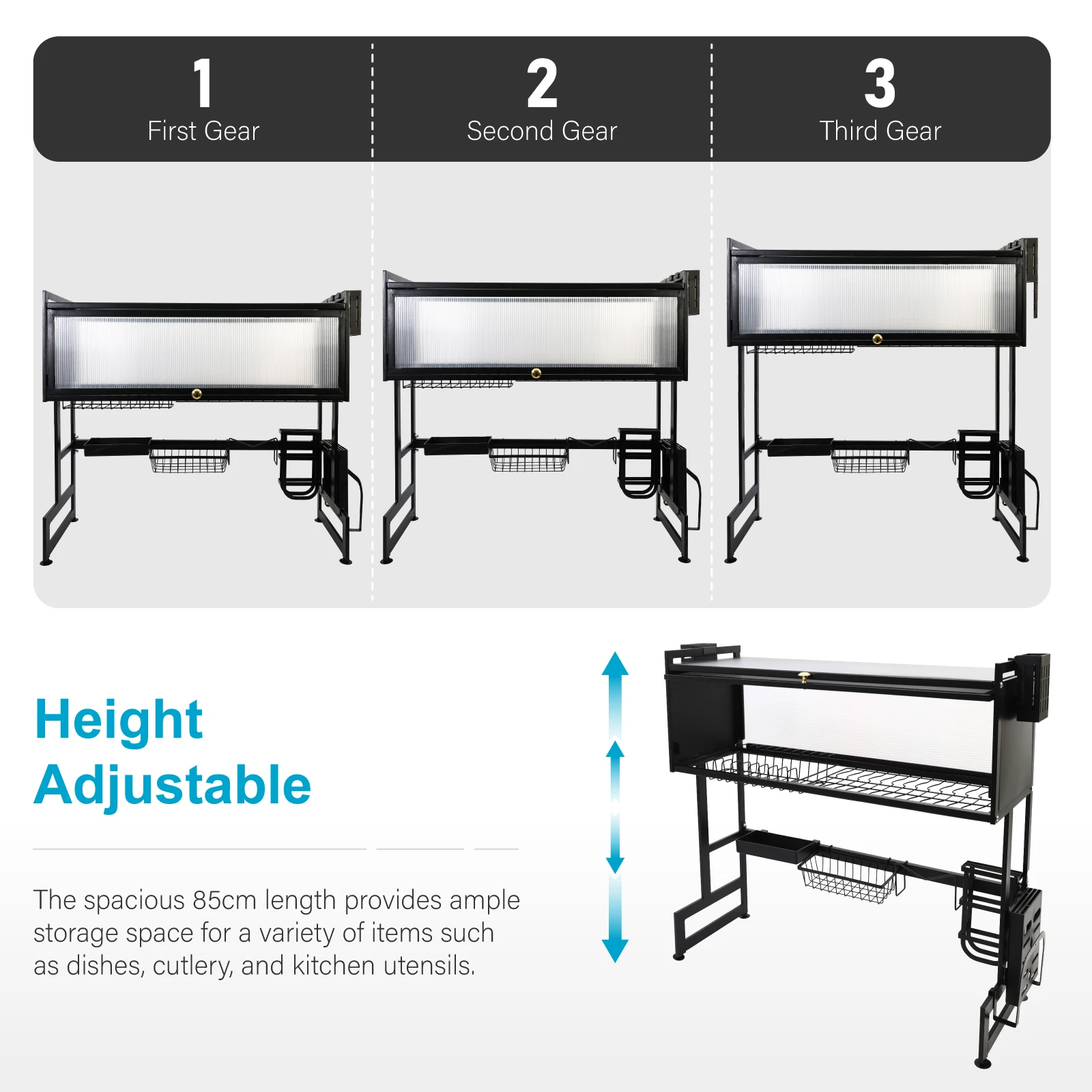 Kitchen Sink Shelf Rack Household Dishes Drain Rack Black Length 85cm Luxury Set 2 Tier Storage Box