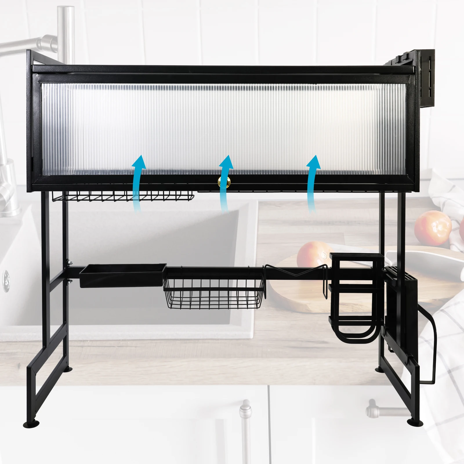 Kitchen Sink Shelf Rack Household Dishes Drain Rack Black Length 85cm Luxury Set 2 Tier Storage Box