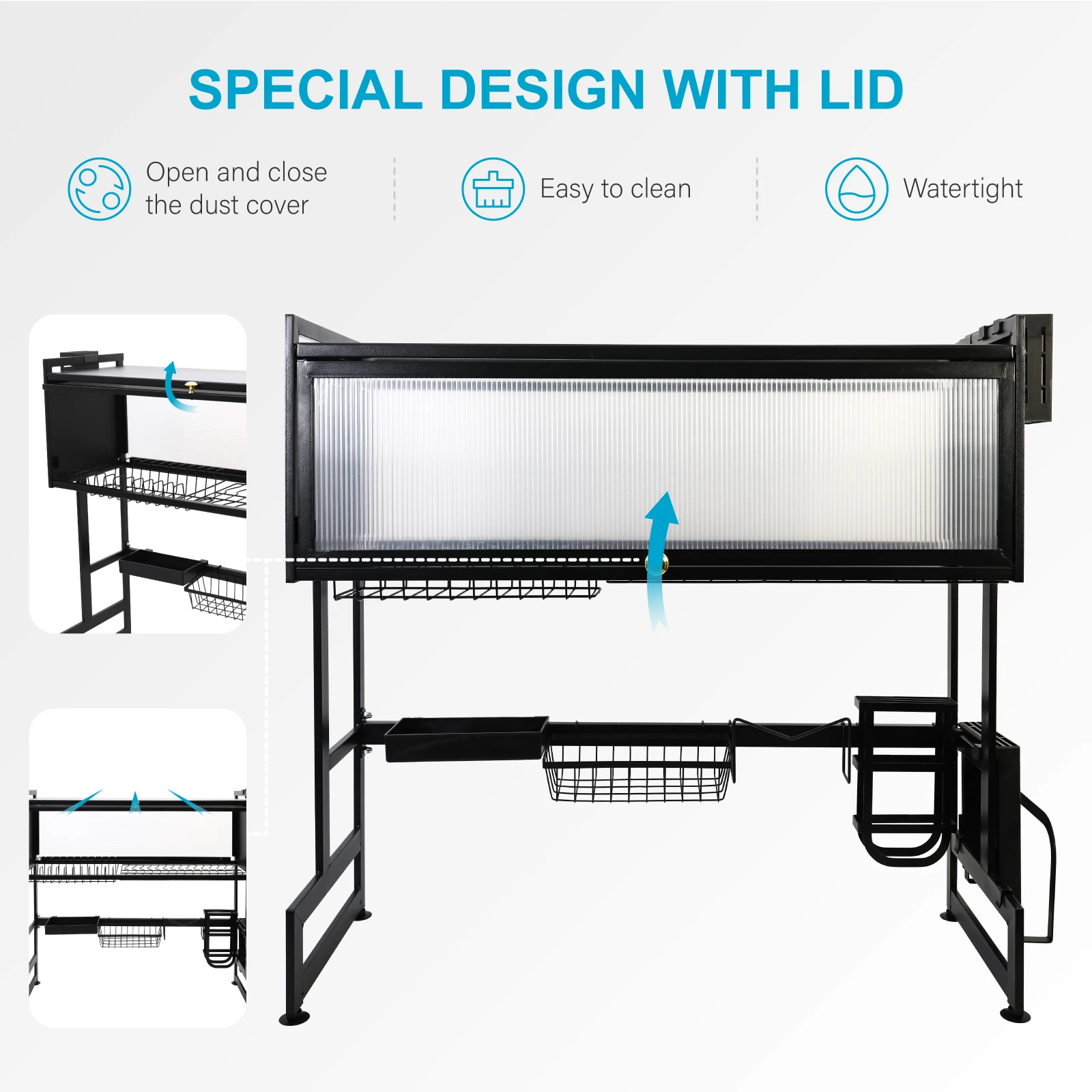 Kitchen Sink Shelf Rack Household Dishes Drain Rack Black Length 85cm Luxury Set 2 Tier Storage Box