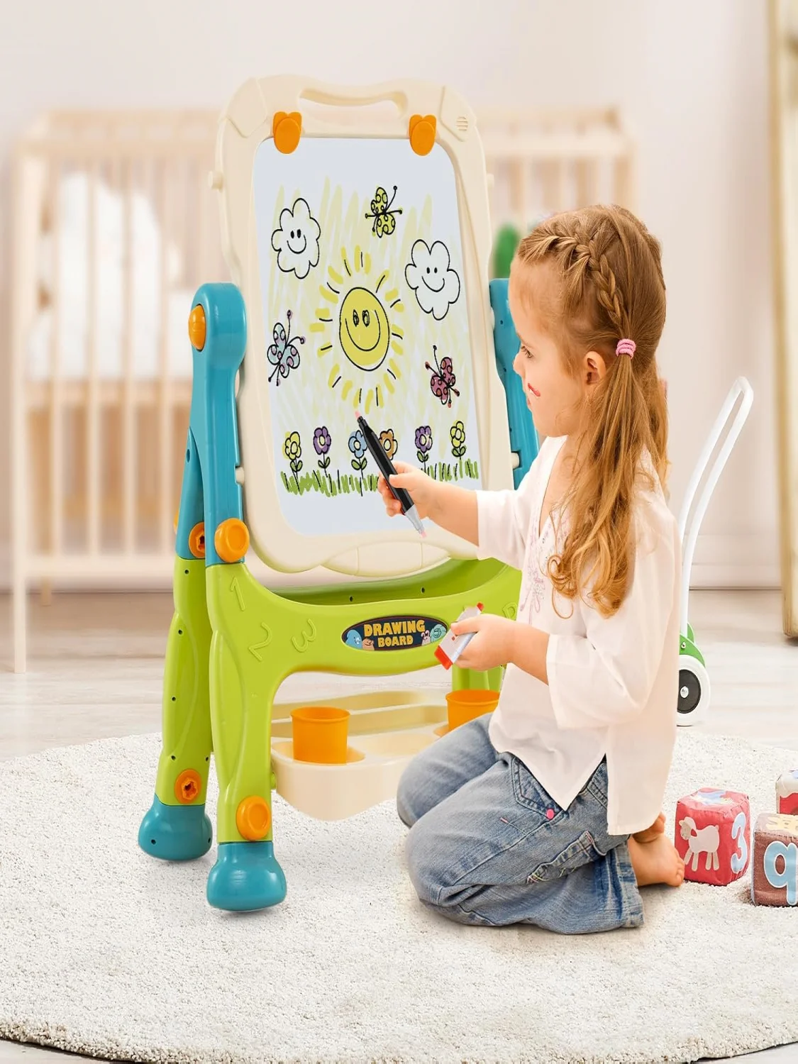 Children's Double-Sided Children's Board Height Adjustable with Whiteboard & Chalkboard,Magnetic Play Board from 2 Year