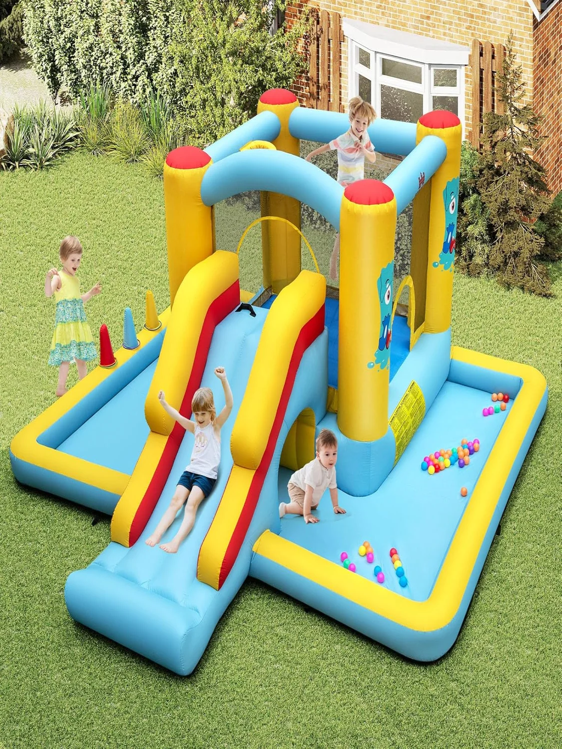 Bouncy Castle with Slide,Basketball Hoop & Ring Toss Game,for Indoor and Outdoor Use,Includes Colourful Balls,394x389x194cm