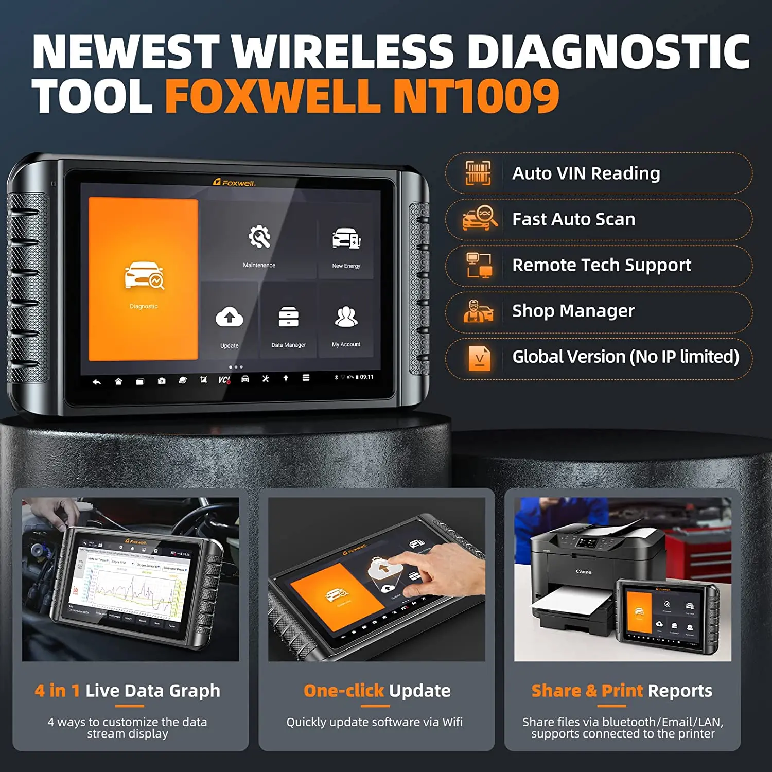 FOXWELL NT1009 Bluetooth Bi-Directional Scan Tool ECU Coding 30+ Reset CAN FD All System Diagnostic Tool 3-Years Free Update
