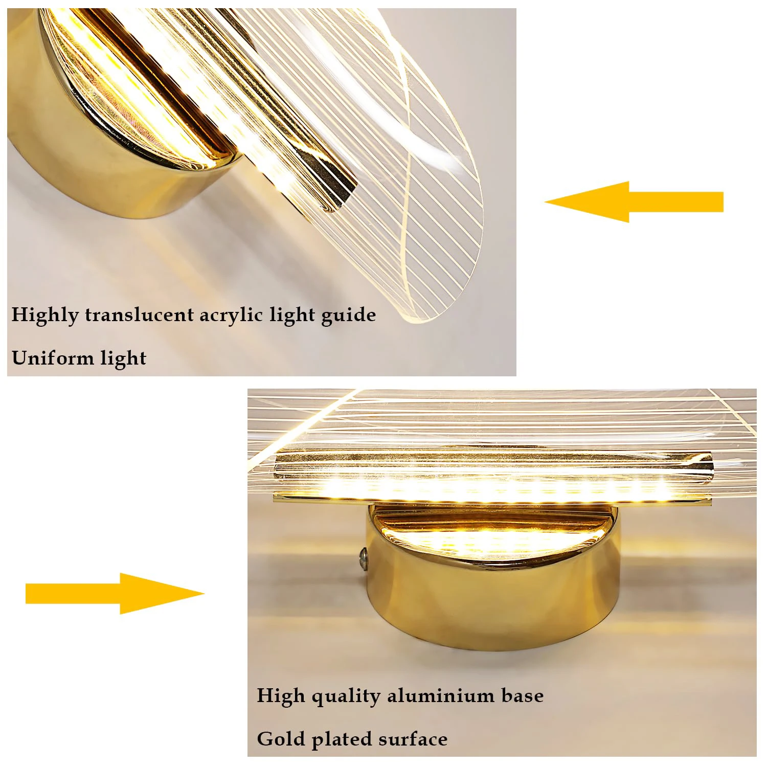 LED Interior Wall Sconce, 12W Dimmable Modern Wall Lamp Gold, Acrylic Interior Wall Light for Bedroom, Hallway, Porch