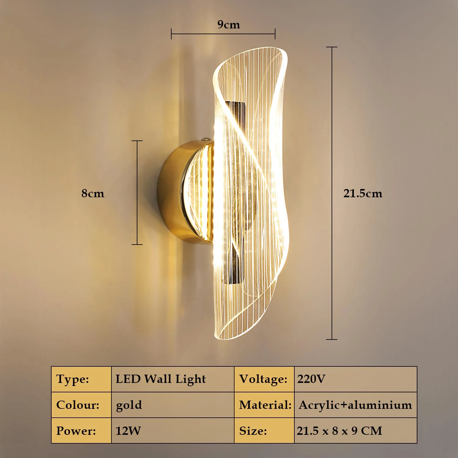 LED Interior Wall Sconce, 12W Dimmable Modern Wall Lamp Gold, Acrylic Interior Wall Light for Bedroom, Hallway, Porch