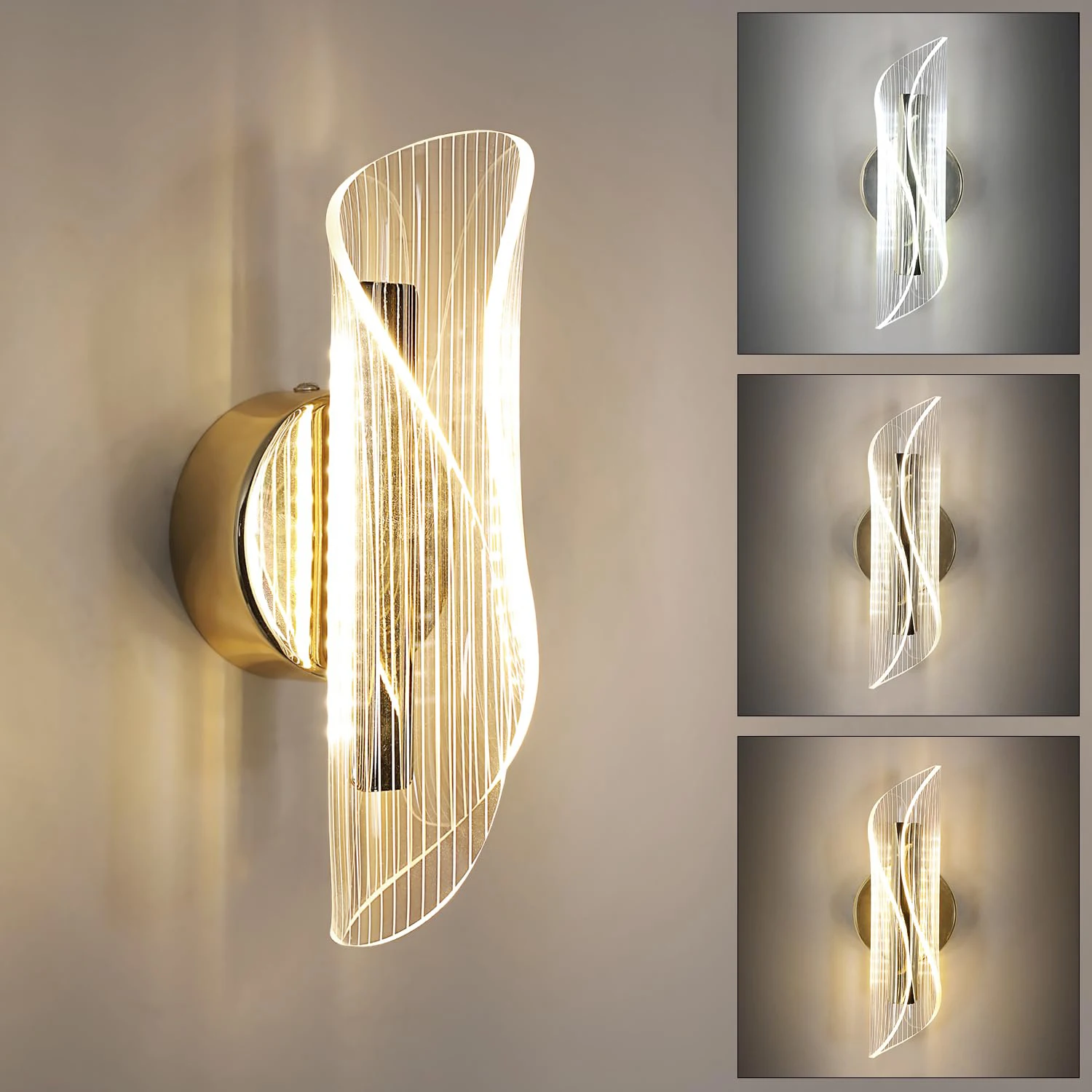 LED Interior Wall Sconce, 12W Dimmable Modern Wall Lamp Gold, Acrylic Interior Wall Light for Bedroom, Hallway, Porch