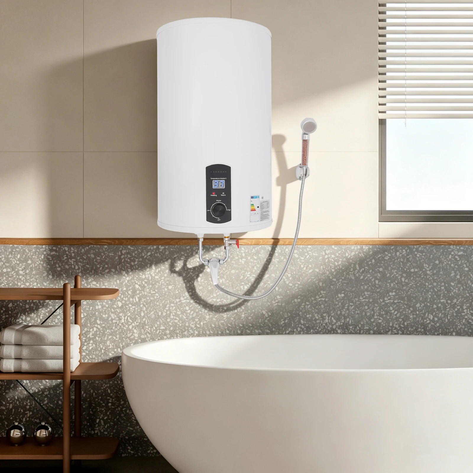2000W 70L/15.4gal Electric Water Heater with Practical Hand Shower Leakage Protector Faucet Temperature Regulation Range 35-75