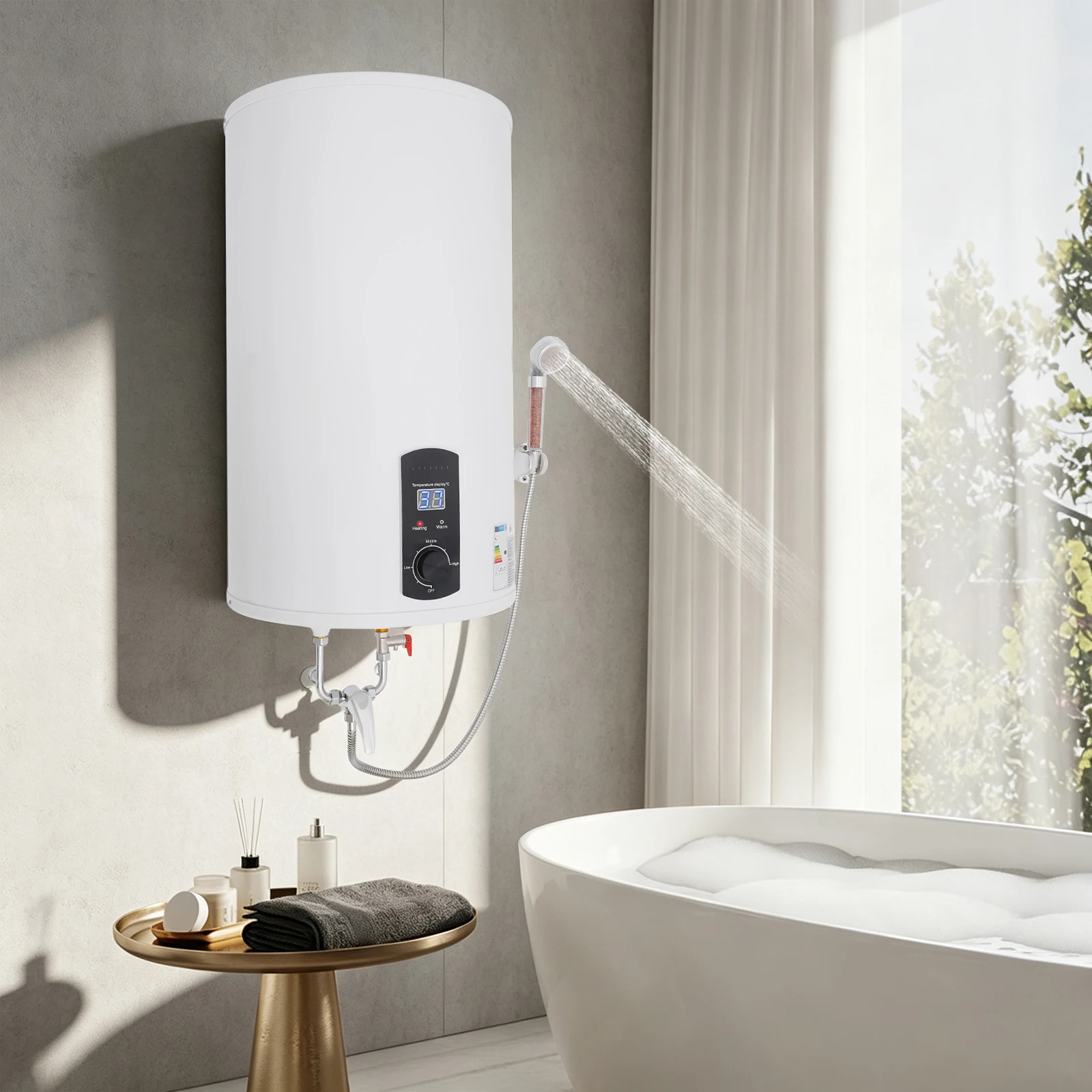 2000W 70L/15.4gal Electric Water Heater with Practical Hand Shower Leakage Protector Faucet Temperature Regulation Range 35-75