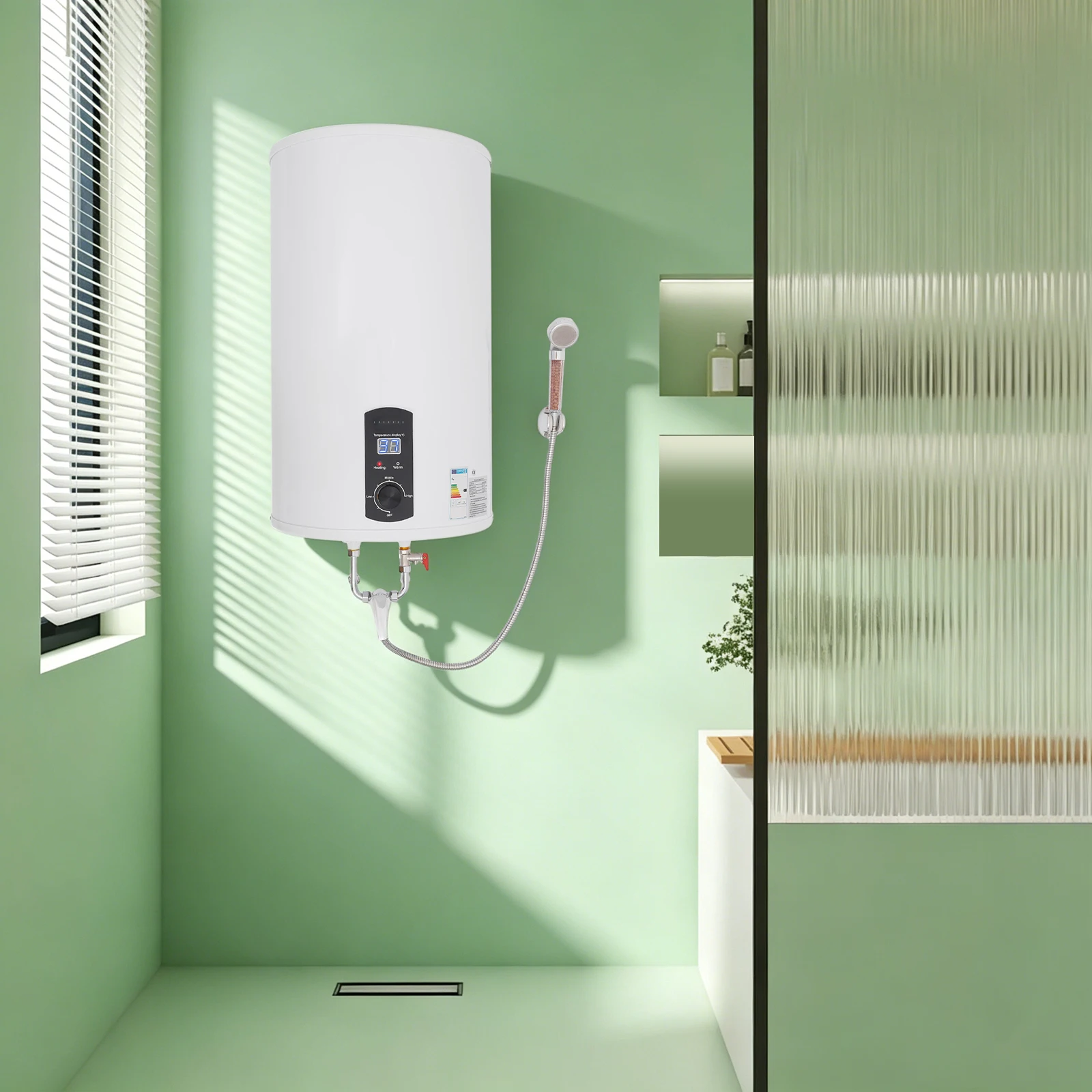 2000W 70L/15.4gal Electric Water Heater with Practical Hand Shower Leakage Protector Faucet Temperature Regulation Range 35-75