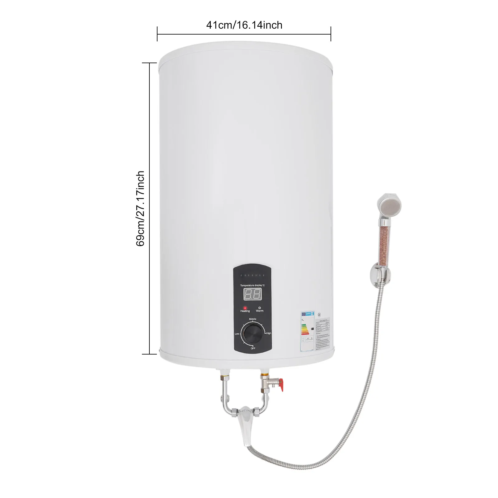 2000W 70L/15.4gal Electric Water Heater with Practical Hand Shower Leakage Protector Faucet Temperature Regulation Range 35-75