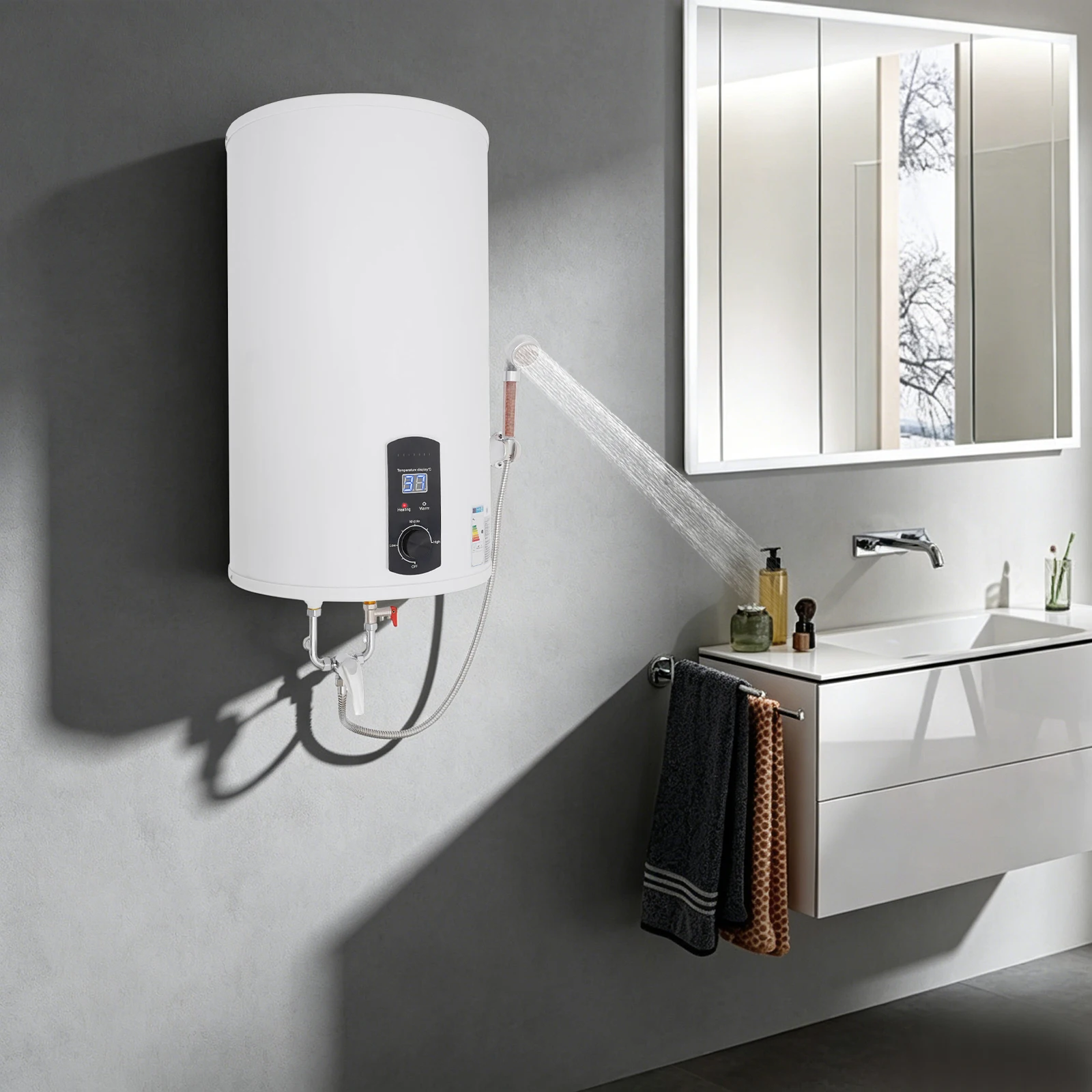 2000W 70L/15.4gal Electric Water Heater with Practical Hand Shower Leakage Protector Faucet Temperature Regulation Range 35-75