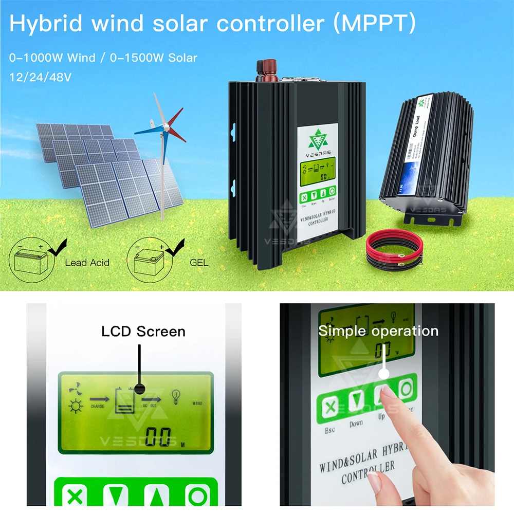 MPPT 2500W 48V Boost & Buck Wind Solar Hybrid Controller Wind 1000W & Solar 1500W Best Heat Dissipation Design with LCD Display