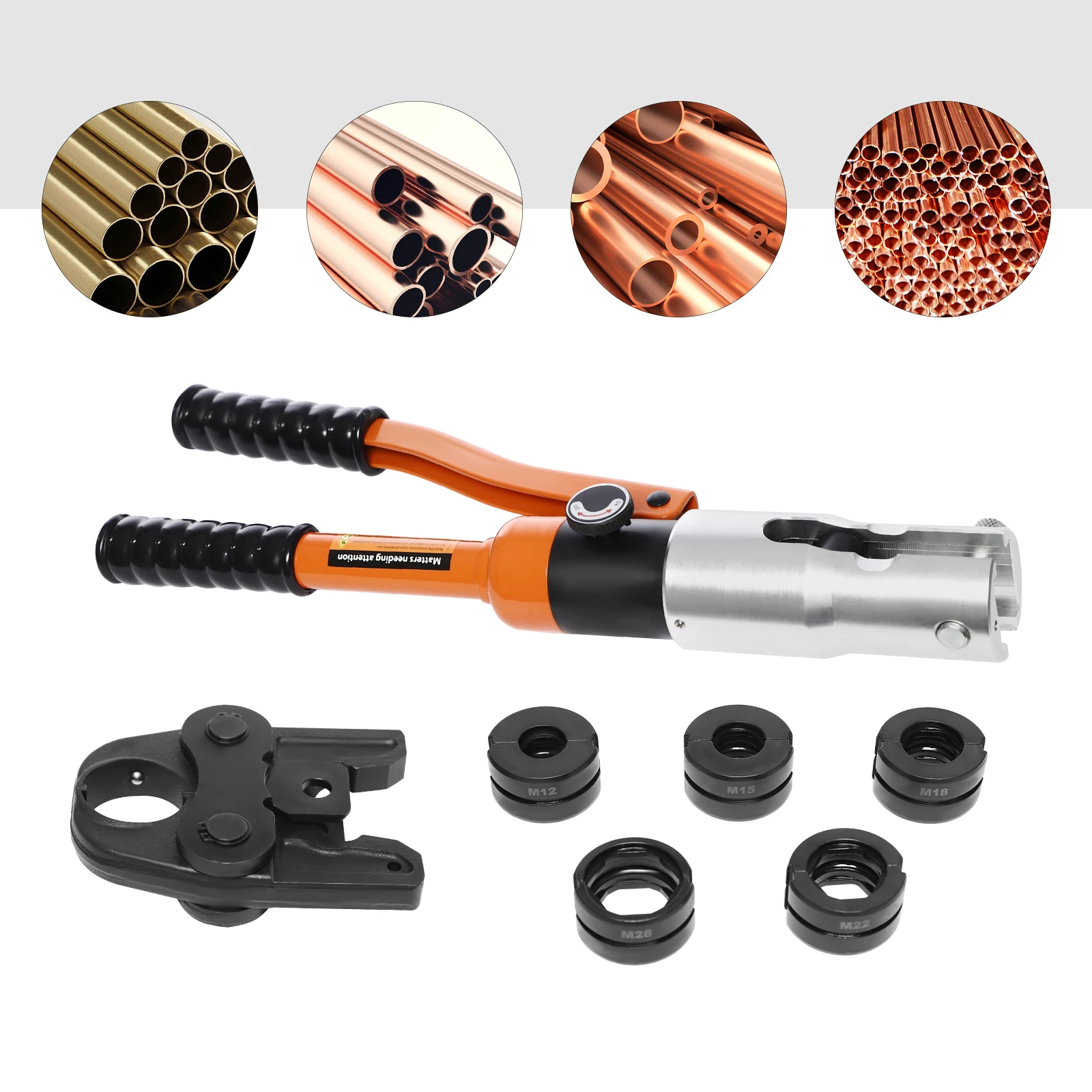10T Hydraulic Crimping Tool 5 Interchangeable Dies M12/M15/M18/M22/M28 360° Rotatable Head for Copper Pipe Terminal Cable Wire Crimper