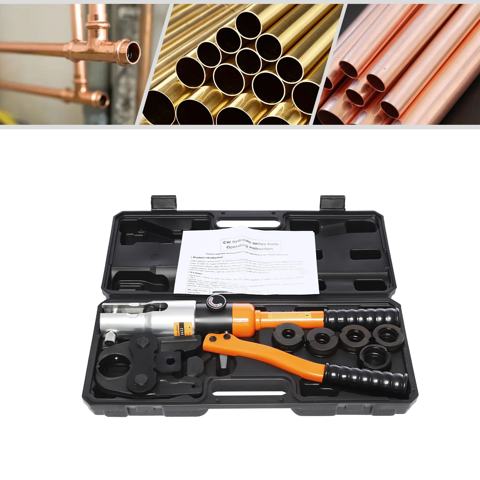 10T Hydraulic Crimping Tool 5 Interchangeable Dies M12/M15/M18/M22/M28 360° Rotatable Head for Copper Pipe Terminal Cable Wire Crimper