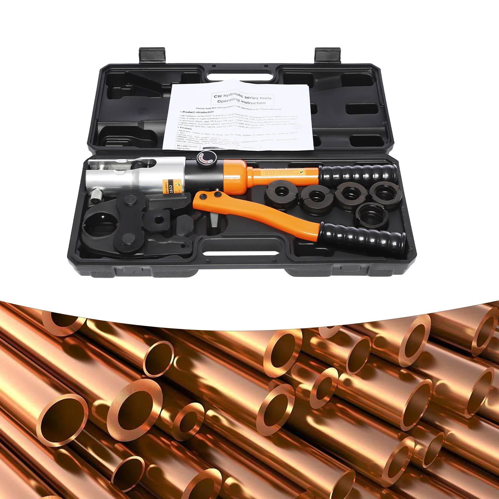 10T Hydraulic Crimping Tool 5 Interchangeable Dies M12/M15/M18/M22/M28 360° Rotatable Head for Copper Pipe Terminal Cable Wire Crimper