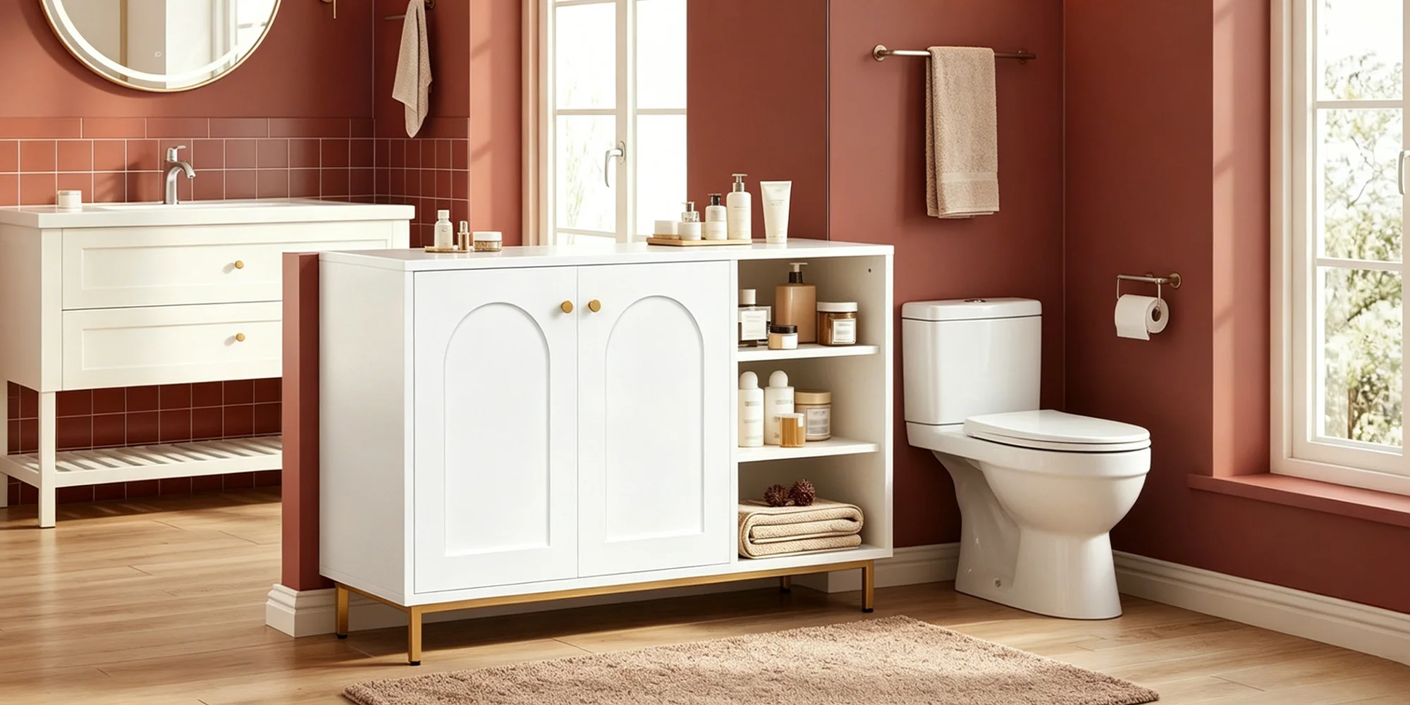 Bathroom Cabinet, Vanity Unit, Kitchen Cabinet with Open Compartment, Storage Shelf with 2 Doors, Adjustable Shelf