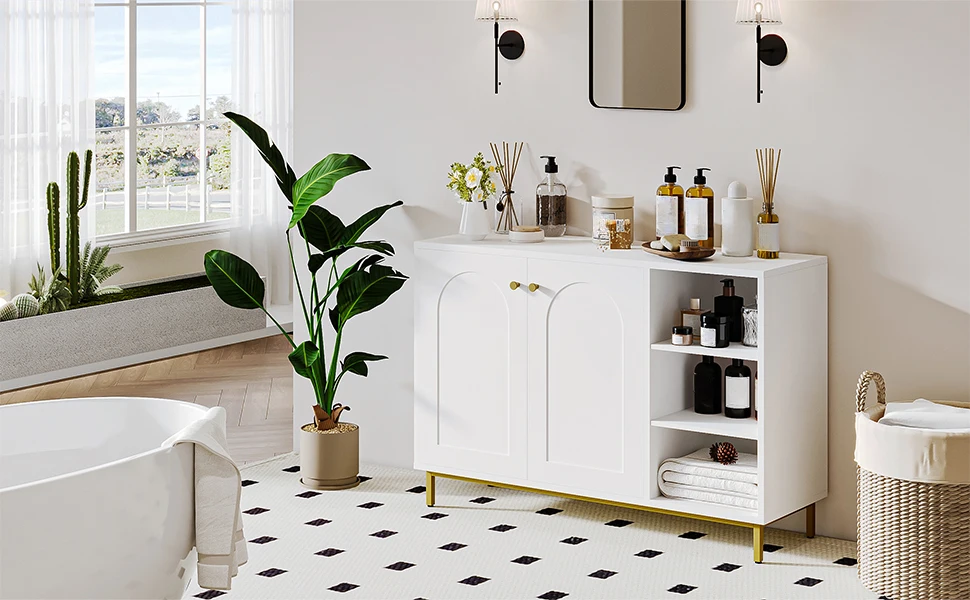 Bathroom Cabinet, Vanity Unit, Kitchen Cabinet with Open Compartment, Storage Shelf with 2 Doors, Adjustable Shelf