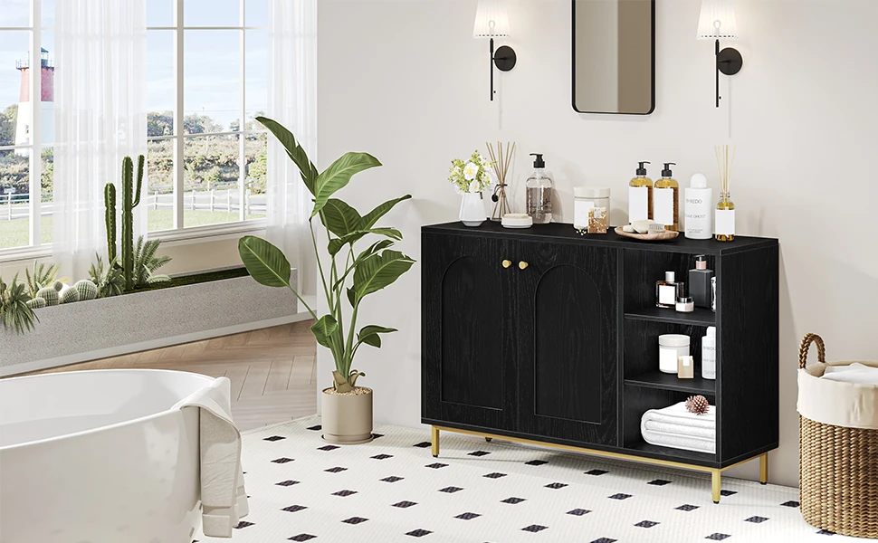 Bathroom Cabinet, Vanity Unit, Kitchen Cabinet with Open Compartment, Storage Shelf with 2 Doors, Adjustable Shelf