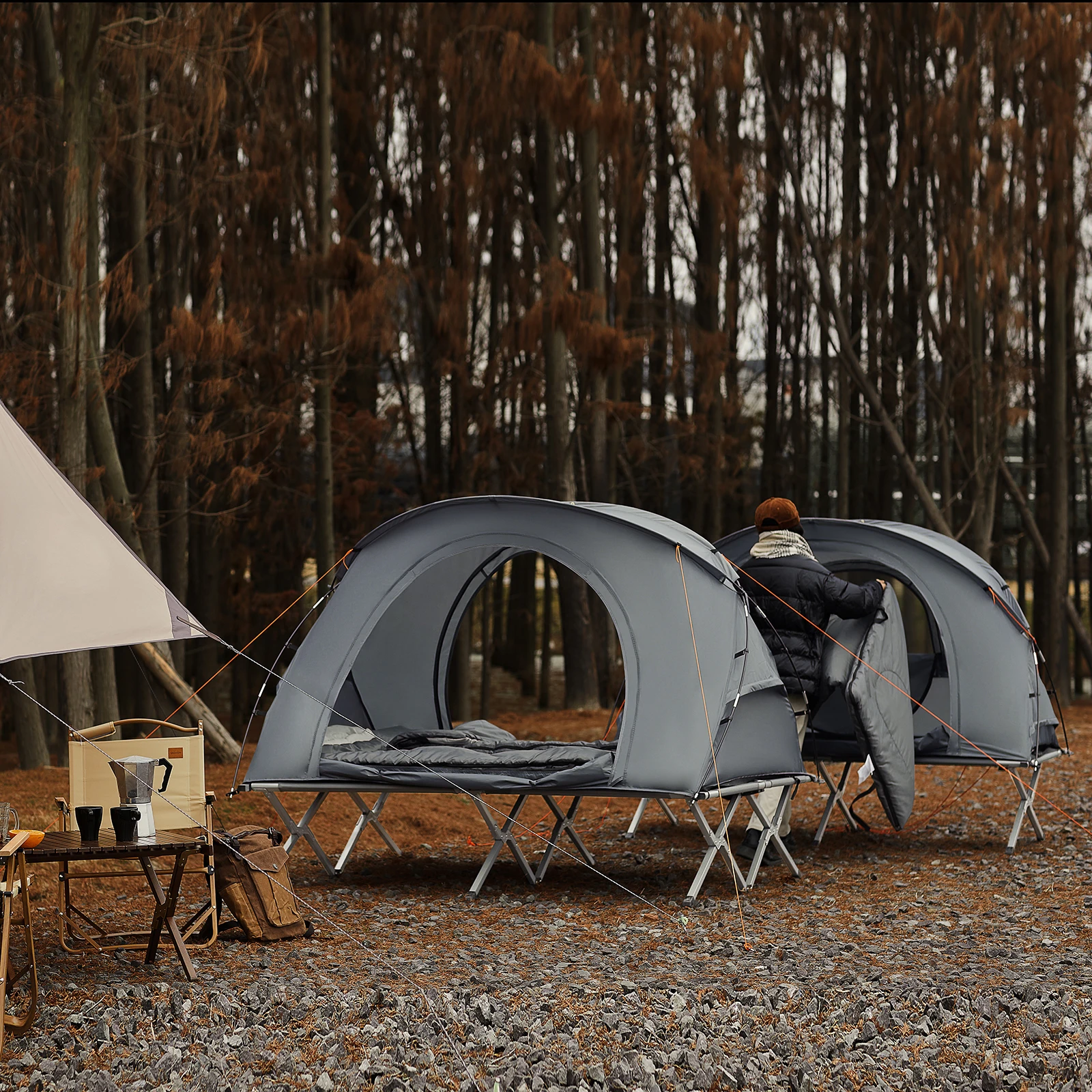 SoBuy OGS60-L-HG Survival-tent camp bed with tent camp bed 4in1 camping set with sleeping bag and accessories tent 2 person