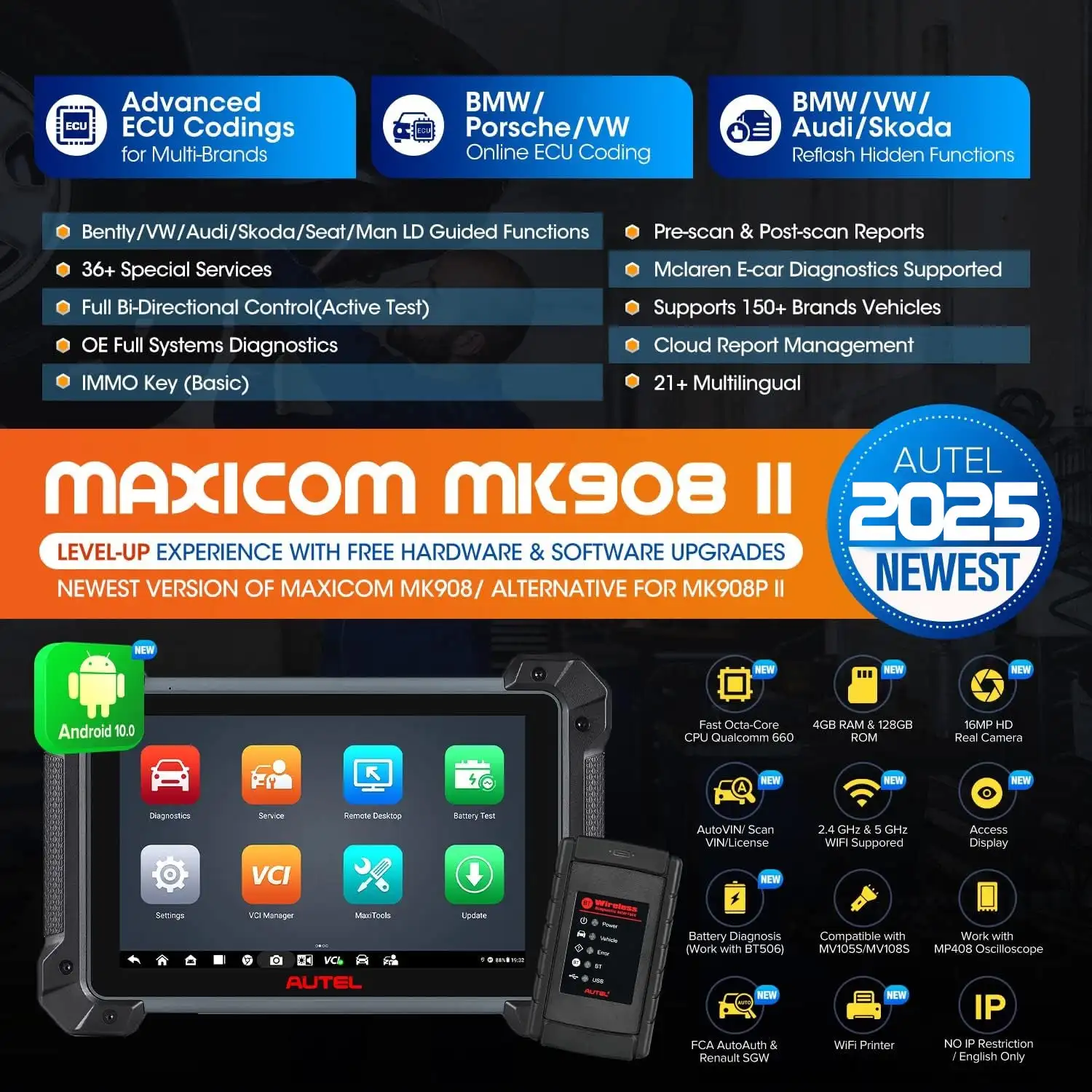 Autel MaxiCOM MK908 II MK908II Automotive OBD2 Scanner Car Diagnostic Tools, ECU Coding, Bi-directional Control PK MK906 MK908