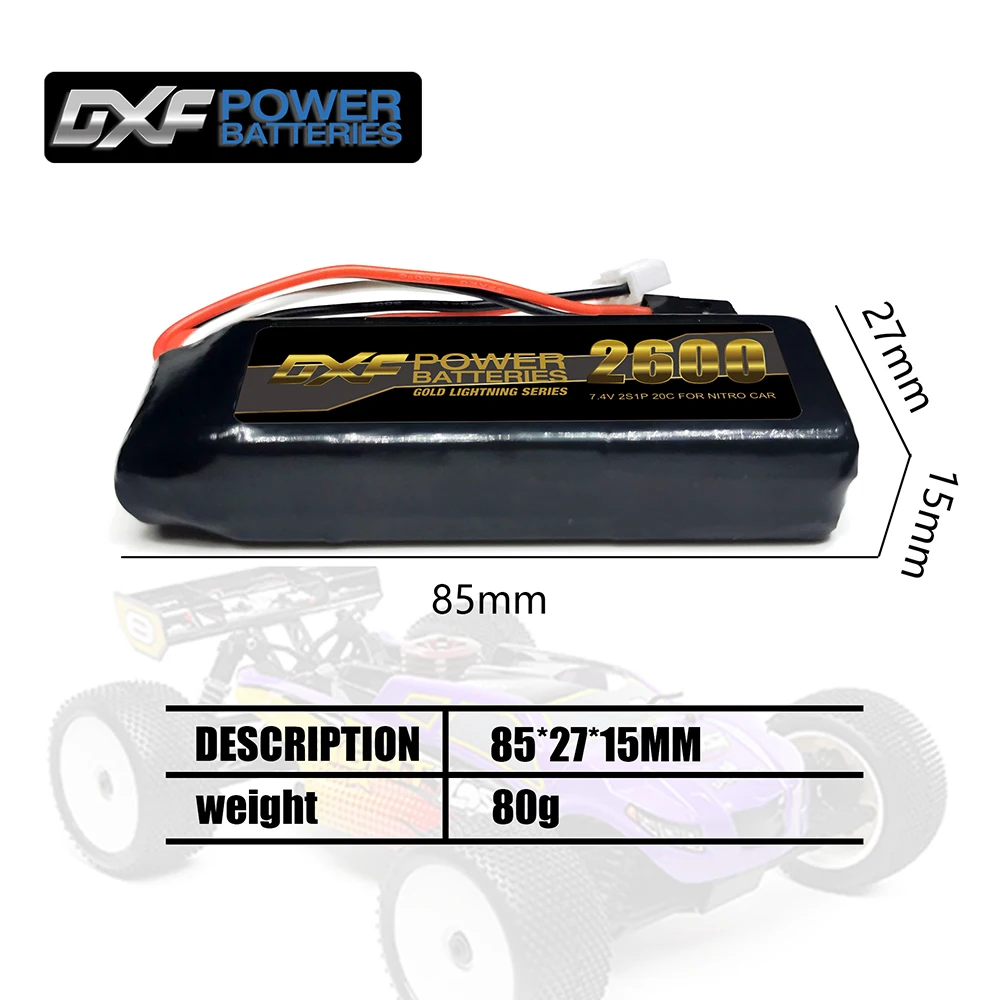 DXF 2s lipo high quality 2600mah 7.4v 20c battery with JR connector ideal lipo 2s power source for RC cars nitro cars and servos