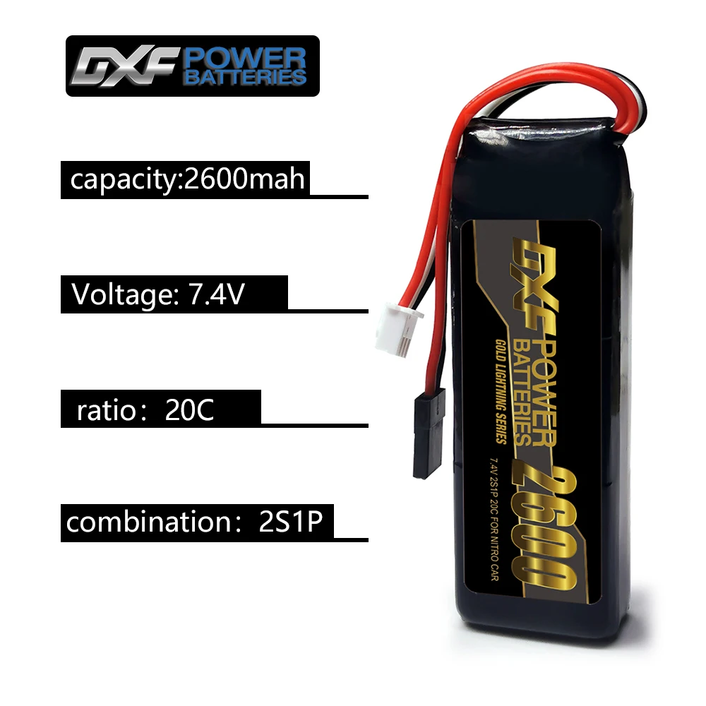 DXF 2s lipo high quality 2600mah 7.4v 20c battery with JR connector ideal lipo 2s power source for RC cars nitro cars and servos