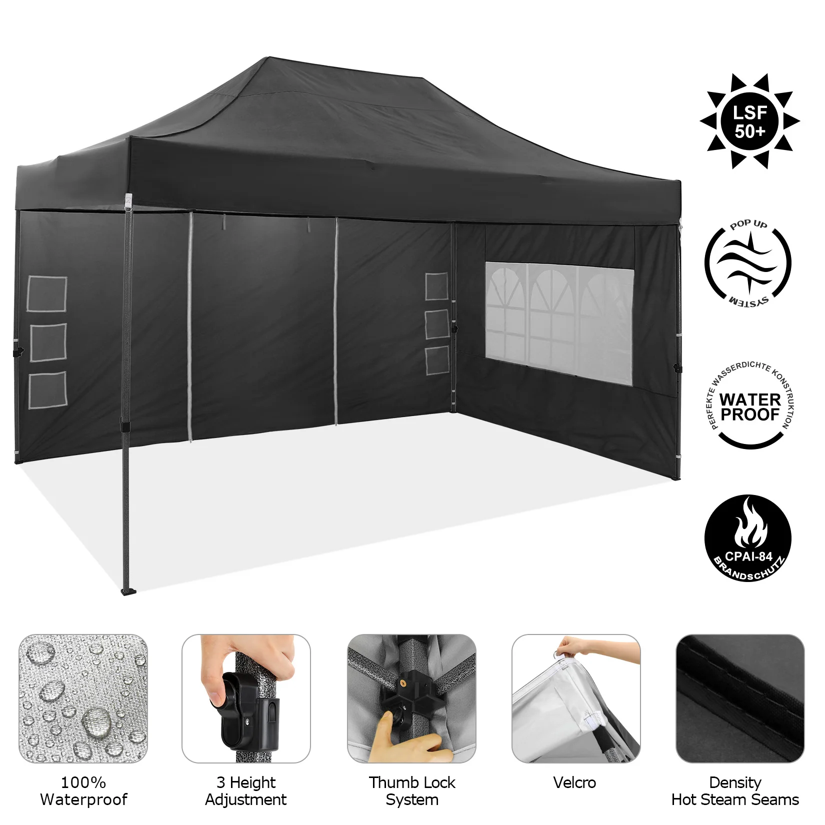 3x4.5m Folding Pavilion Waterproof with 4 Sidewalls,Garden Pavilion UV Protection Festival Party Tent Sun Protection for Camping