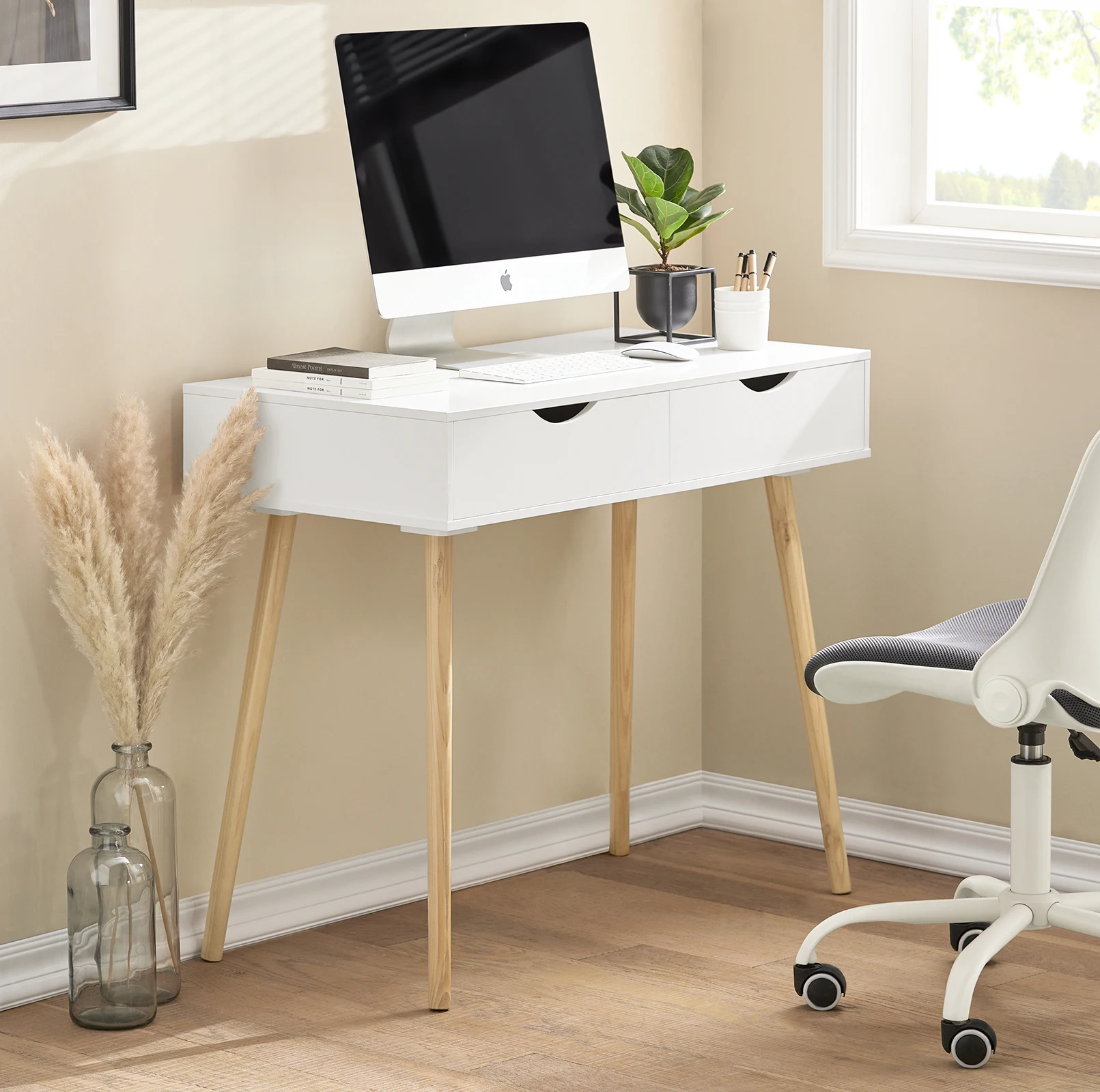 SoBuy FWT40-WN desk with 2 drawers table computer table children's desk office table, White/nature BHT CA: 90x77x45cm