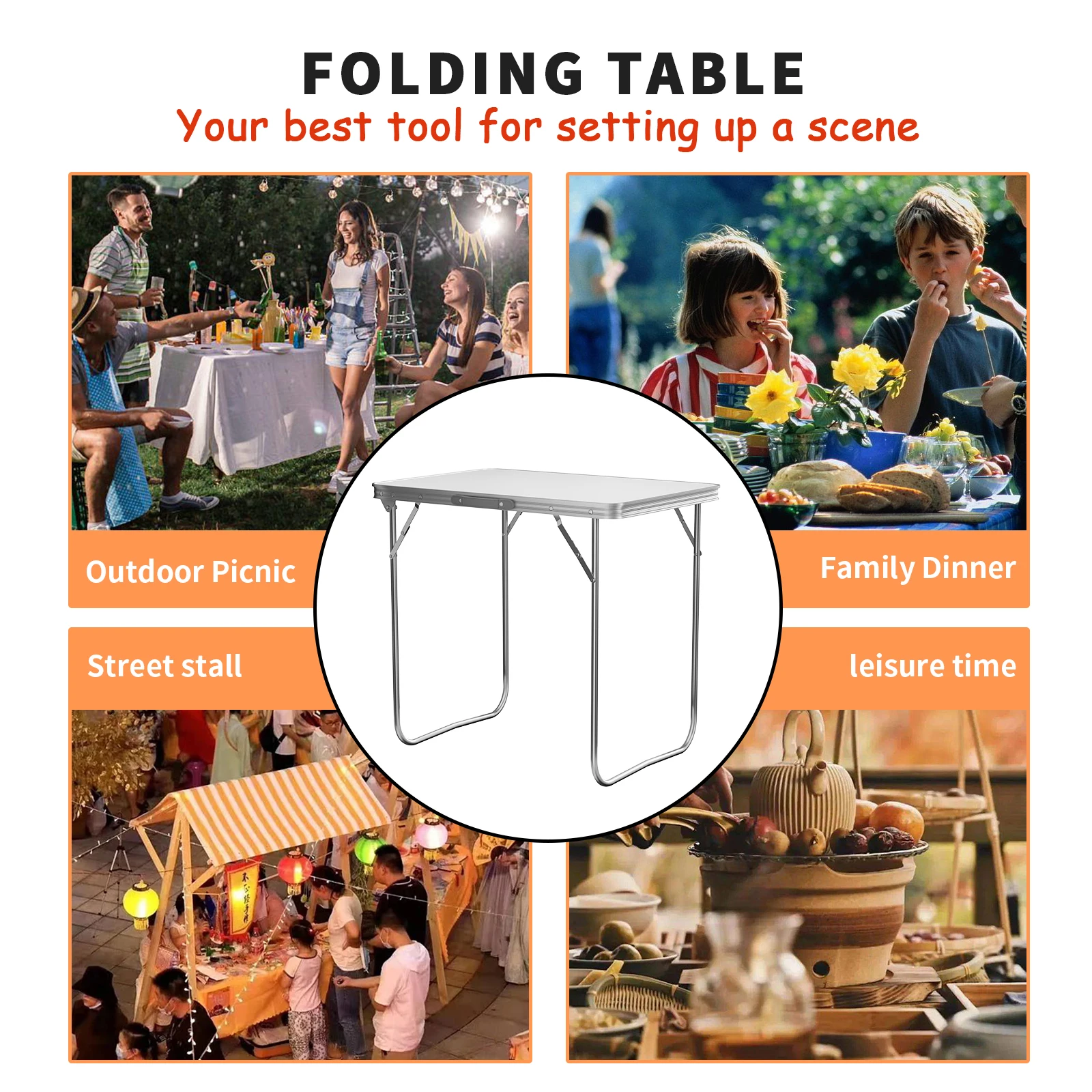 80cm Folding Table Camping Table Portable Picnic Table for Party BBQ Outdoor Camping White