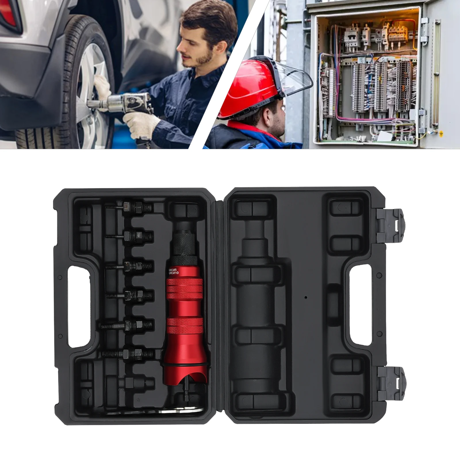 M3-M10 Drill-Compatible Rivet Nut Attachment Home Rivet Nut Gun Converter Kit Cordless Electric Riveting Tool with Carrying Case