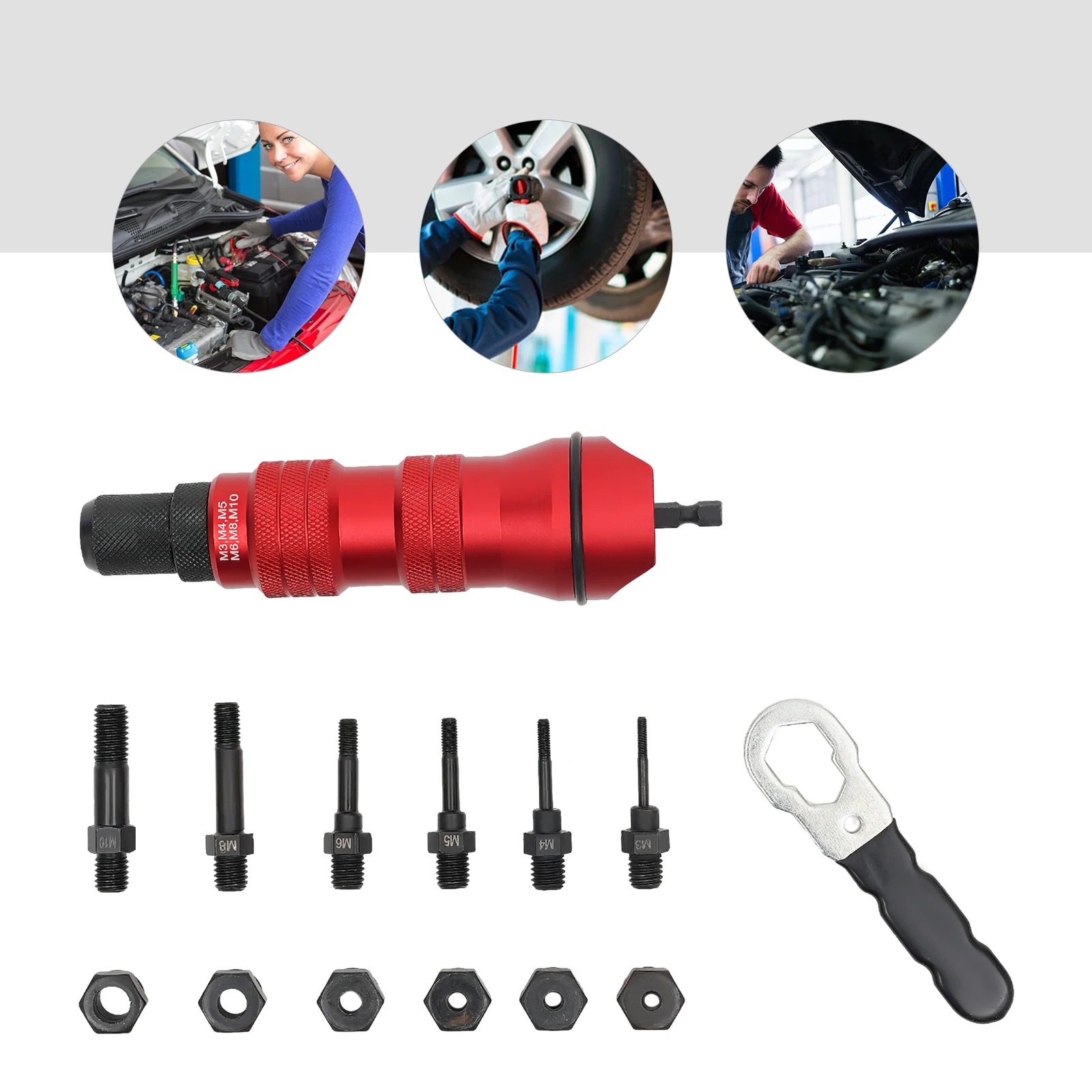M3-M10 Drill-Compatible Rivet Nut Attachment Home Rivet Nut Gun Converter Kit Cordless Electric Riveting Tool with Carrying Case