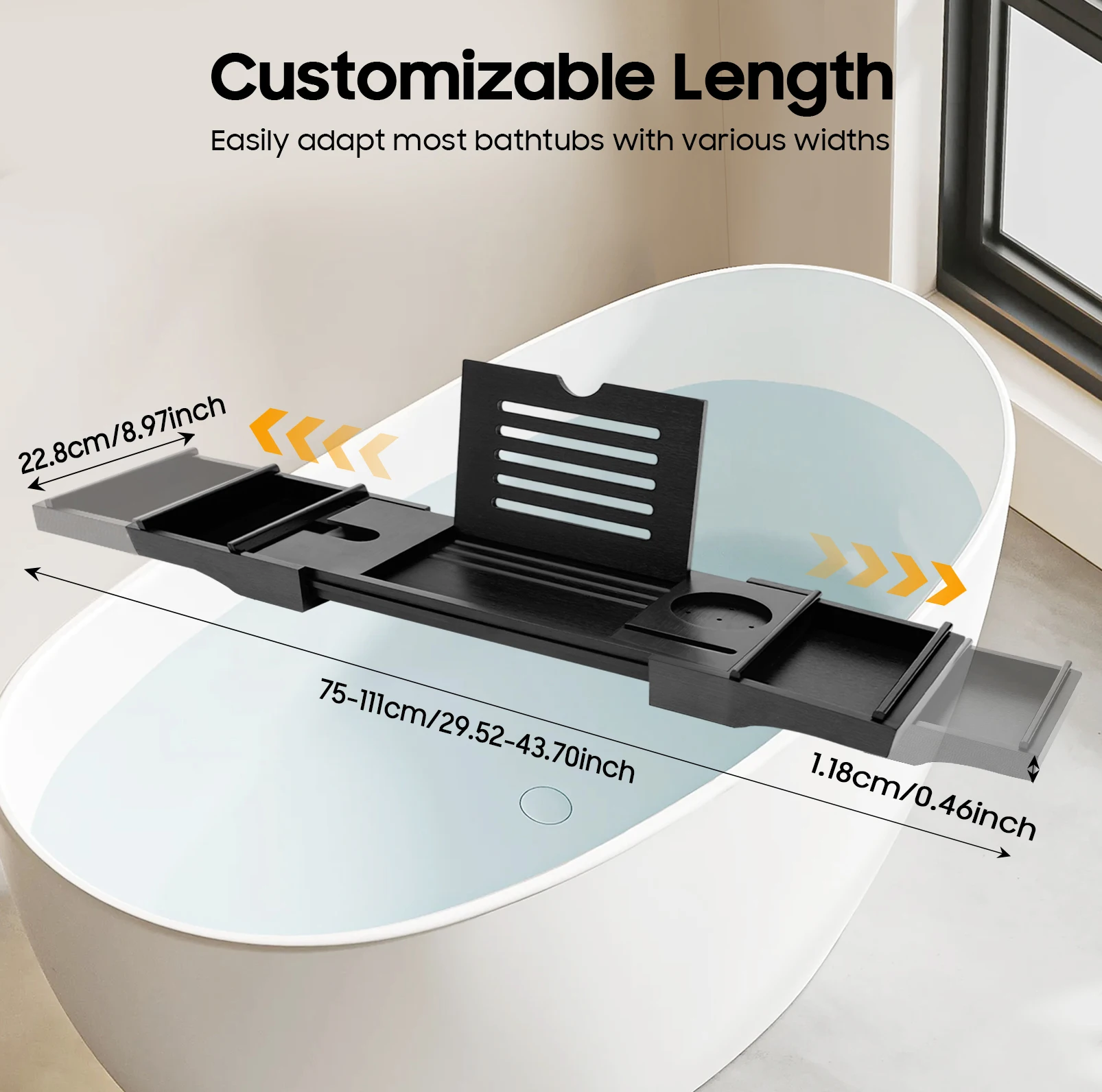 Black Bamboo Expandable Bathtub Tray Adjustable 29.52-43.7in with Wine Glass Slot Phone Tablet Holder 2 Towel Rack for Most Tubs